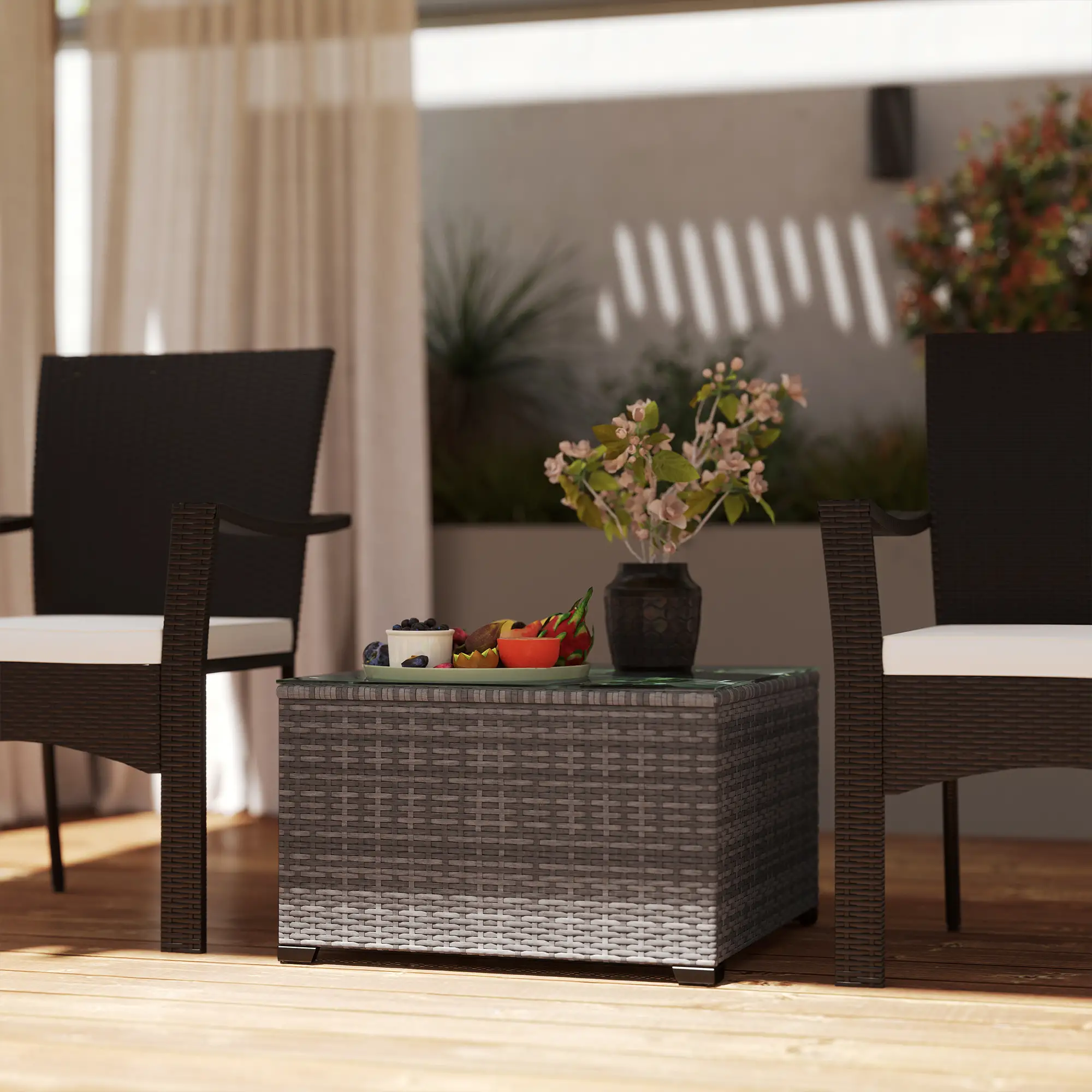 24.4" Patio Wicker Coffee Table, PE Rattan With Tempered Glass Top, Black - Image 8