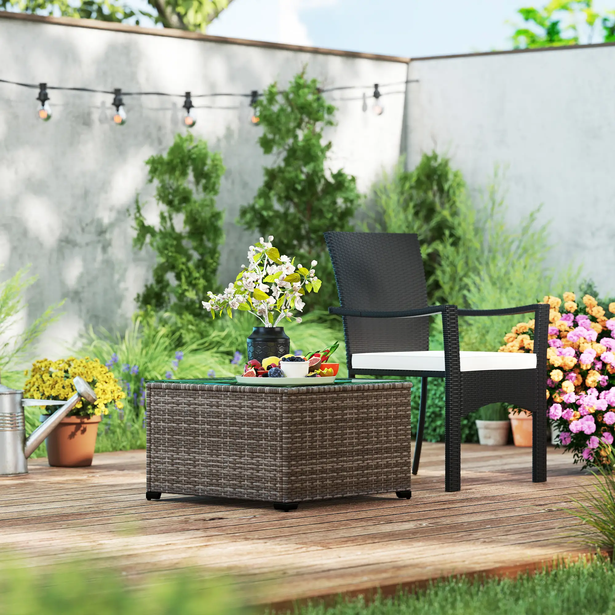 24.4" Patio Wicker Coffee Table, PE Rattan With Tempered Glass Top, Black - Image 9