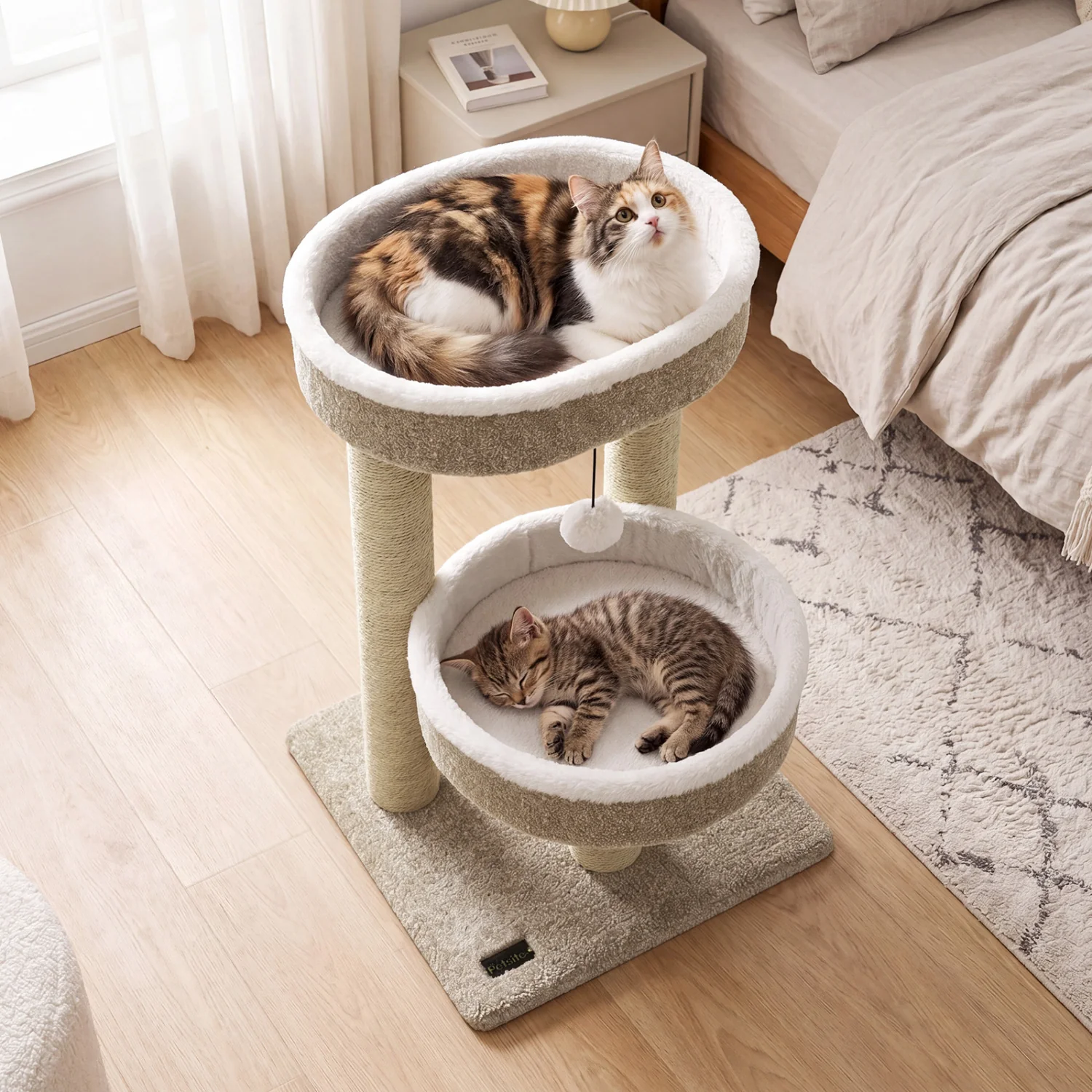 24 Cat Tower, 2 Plush Perches, Scratching Posts, Dangling Ball - Image 2