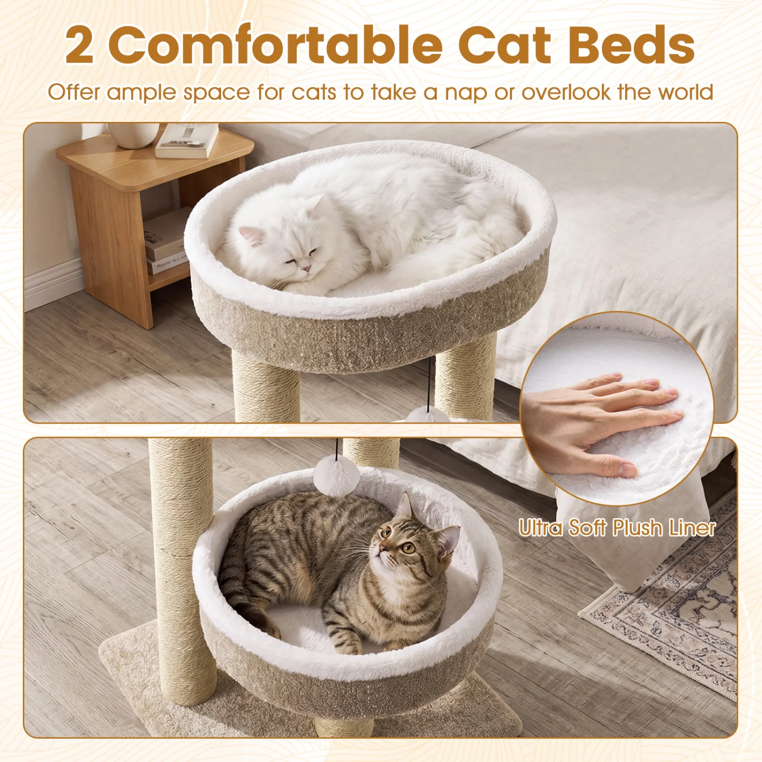 24 Cat Tower, 2 Plush Perches, Scratching Posts, Dangling Ball - Image 9