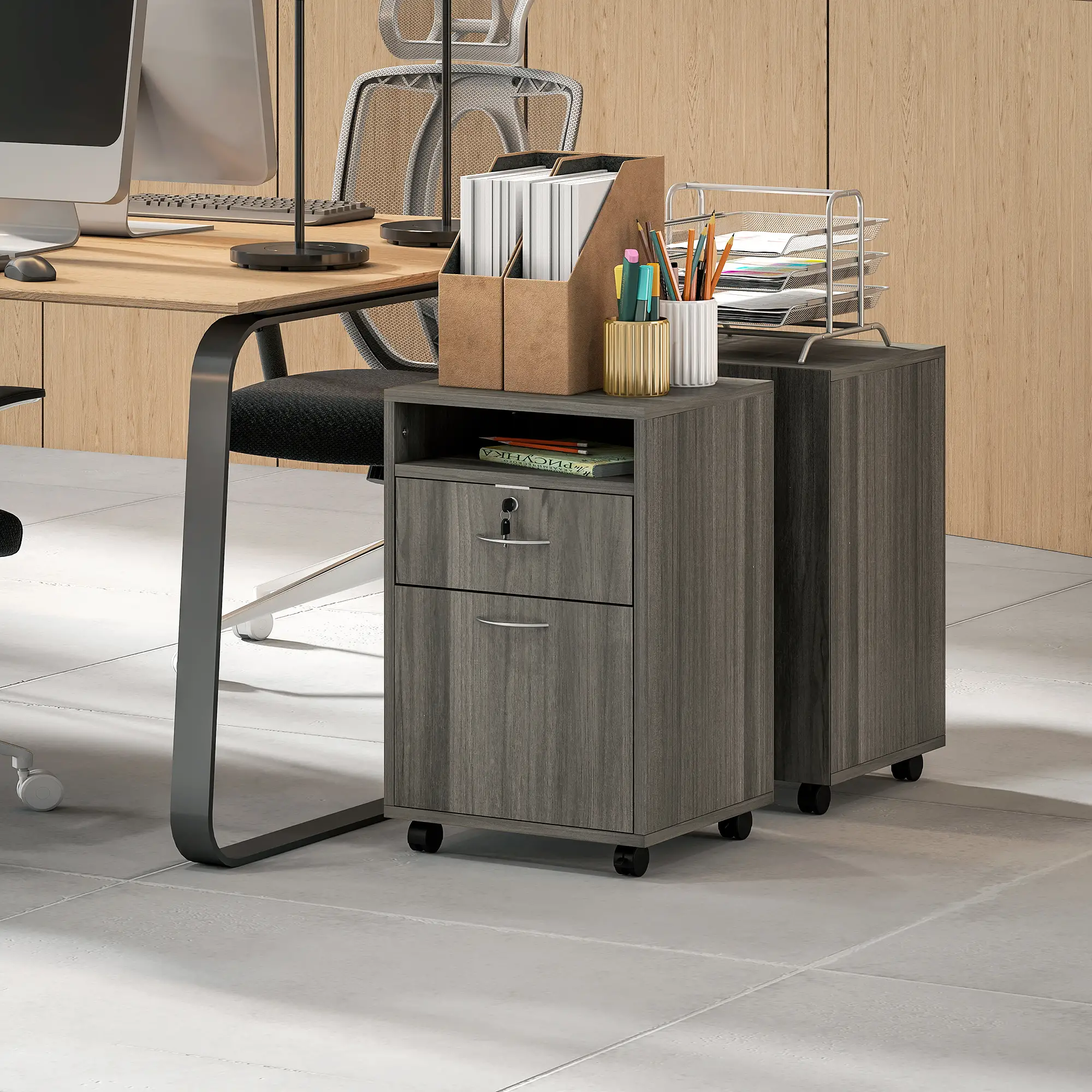 24" Filing Cabinet, Lockable Drawer, Wheels, Distressed Grey - Image 10