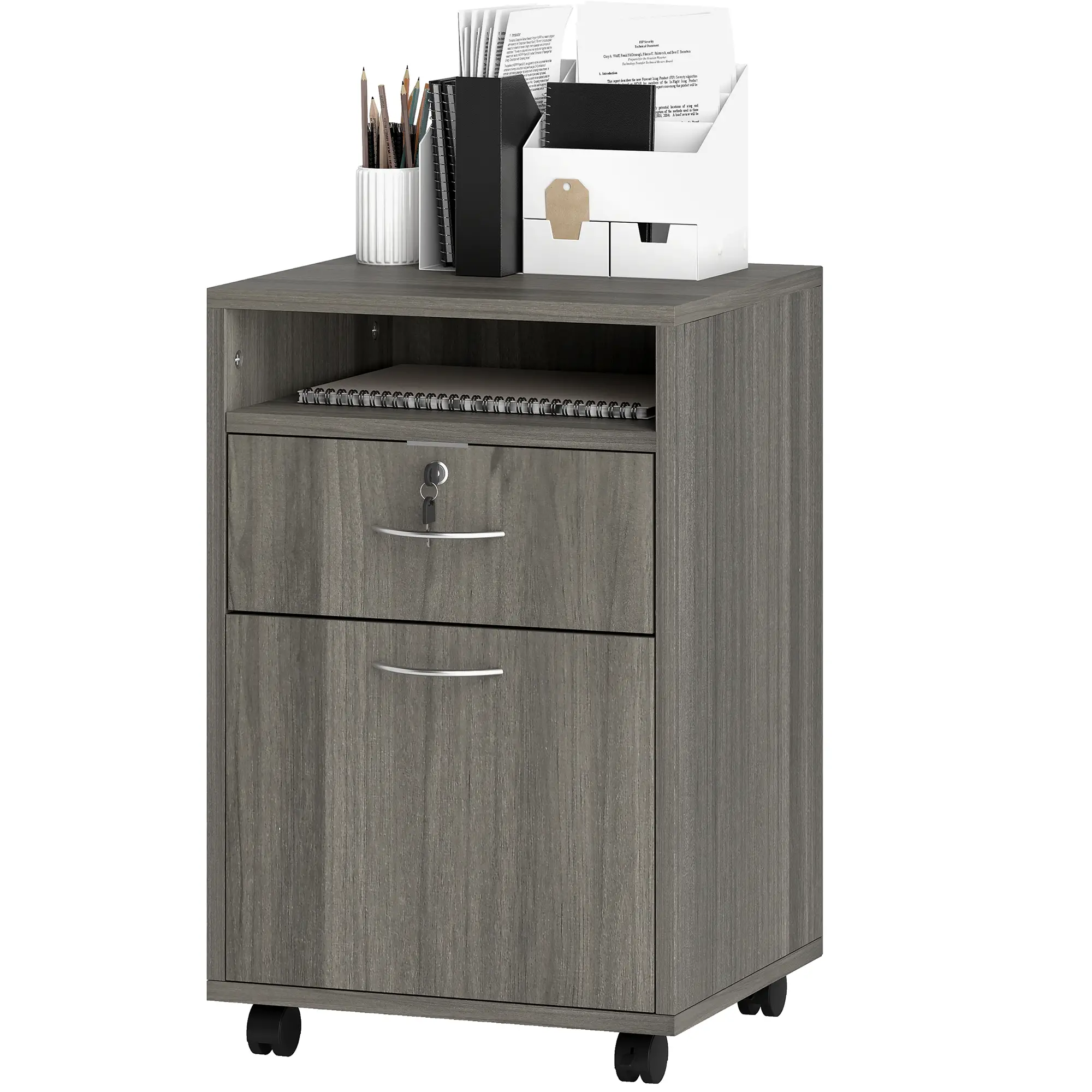 24" Filing Cabinet, Lockable Drawer, Wheels, Distressed Grey - Image 11