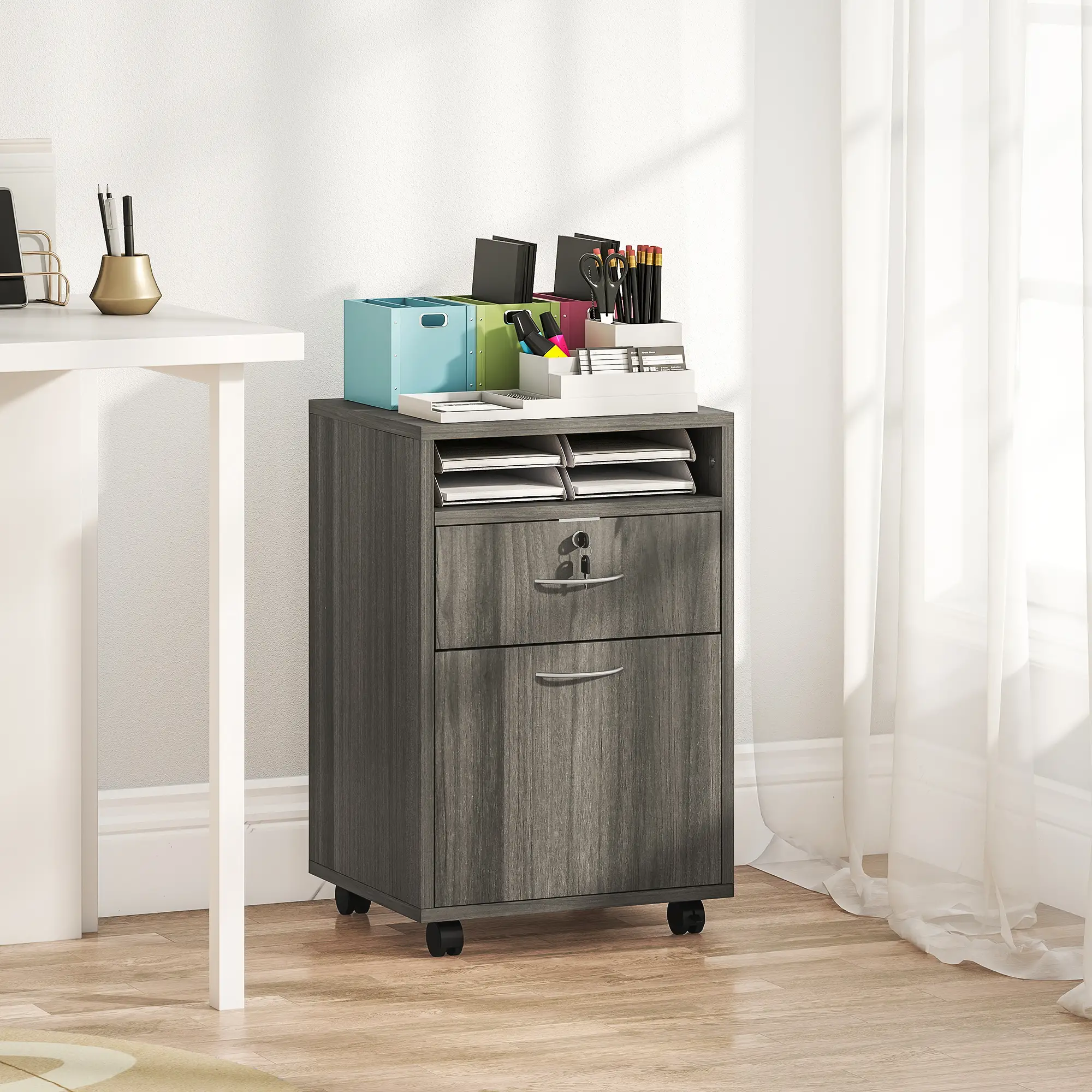 24" Filing Cabinet, Lockable Drawer, Wheels, Distressed Grey - Image 2