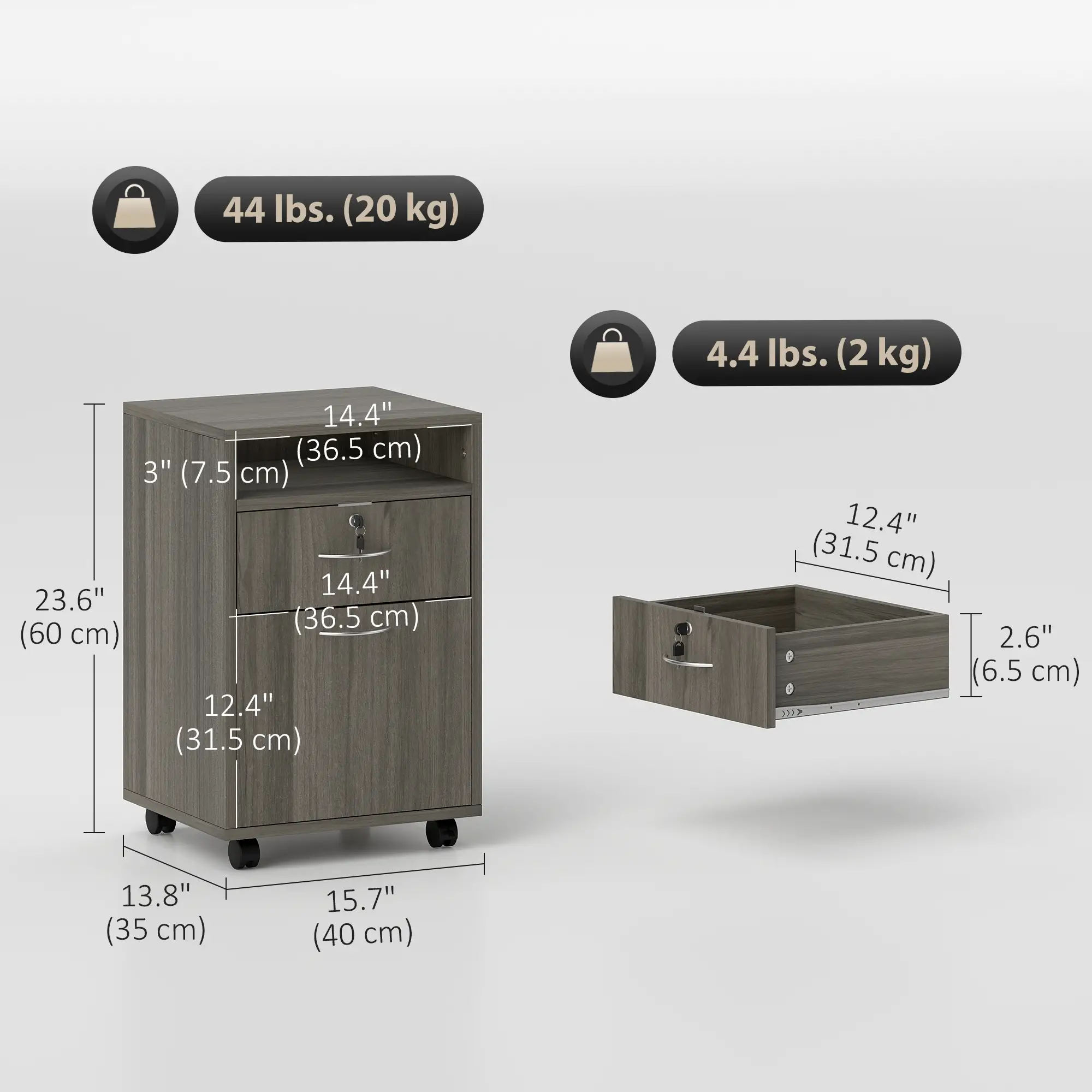 24" Filing Cabinet, Lockable Drawer, Wheels, Distressed Grey - Image 3