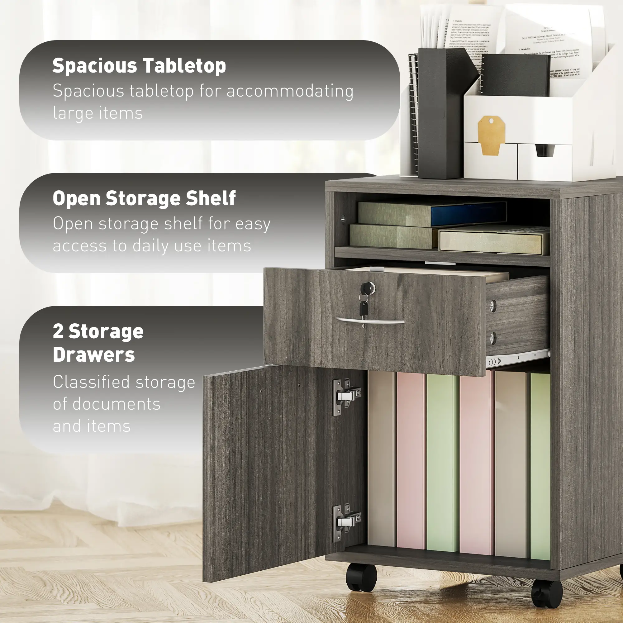 24" Filing Cabinet, Lockable Drawer, Wheels, Distressed Grey - Image 4