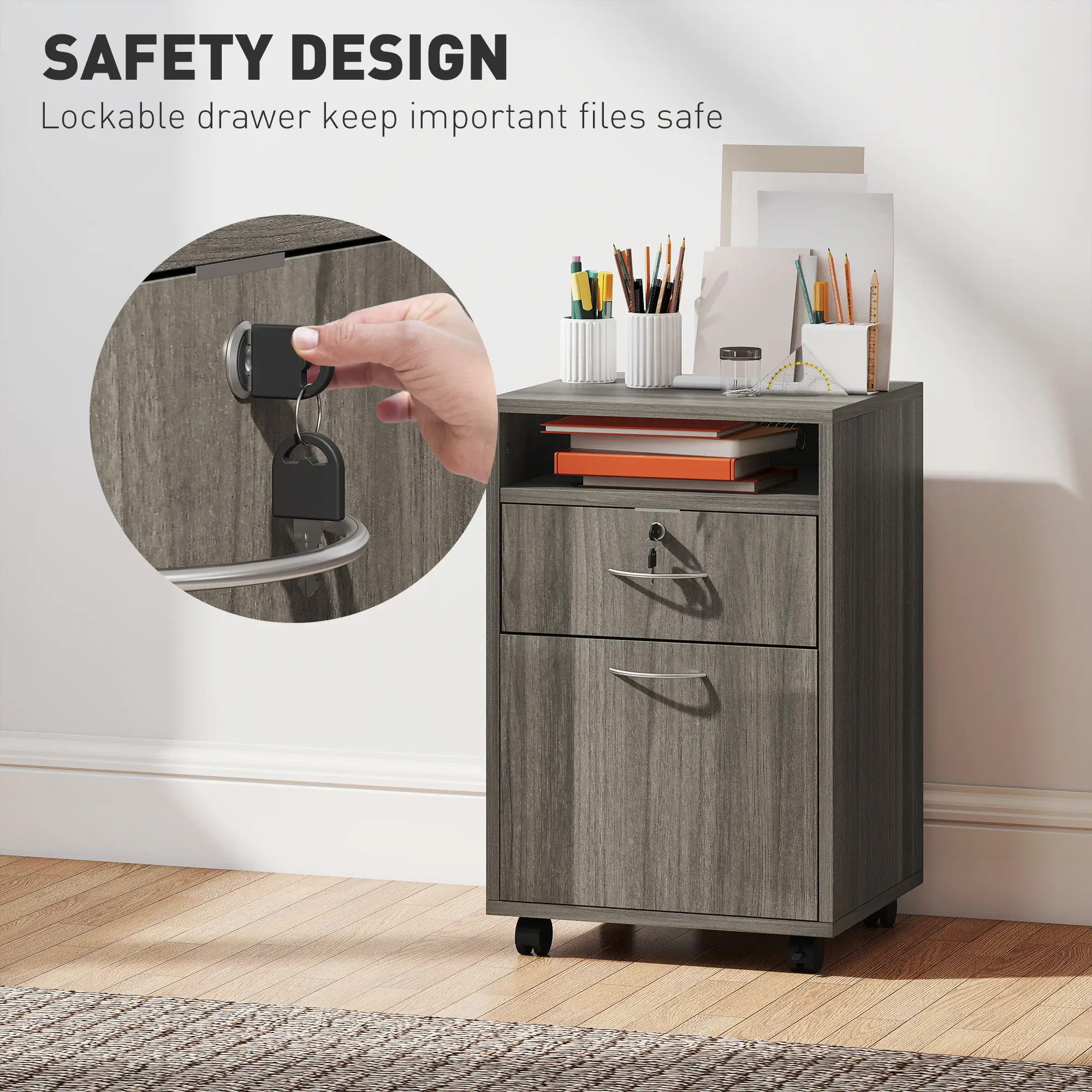 24" Filing Cabinet, Lockable Drawer, Wheels, Distressed Grey - Image 7