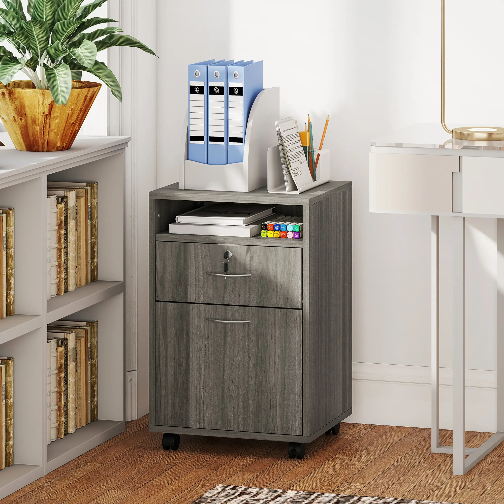 24" Filing Cabinet, Lockable Drawer, Wheels, Distressed Grey - Image 9
