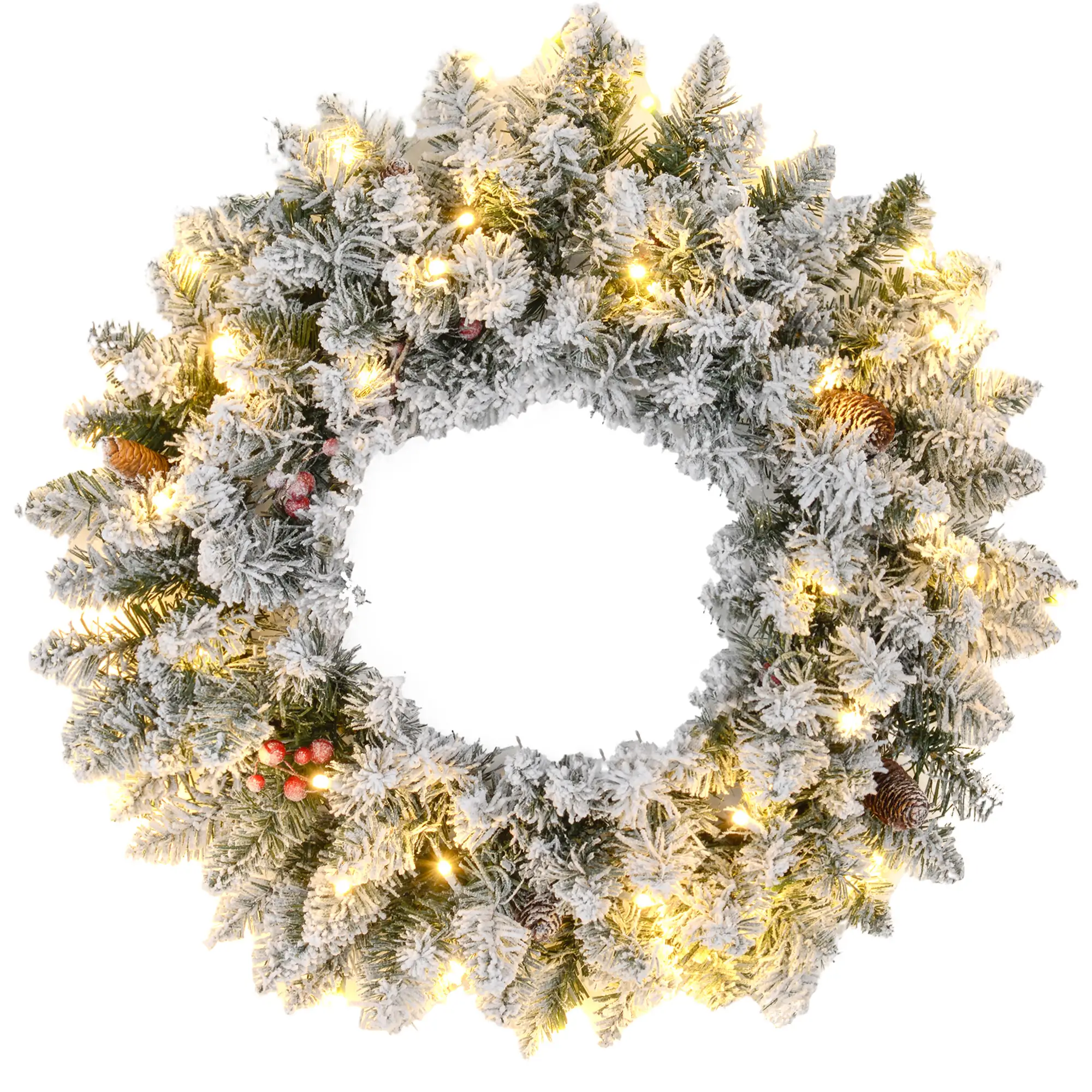 24" Flocked Christmas Wreath with Lights, Pine Cones, Berries, Green