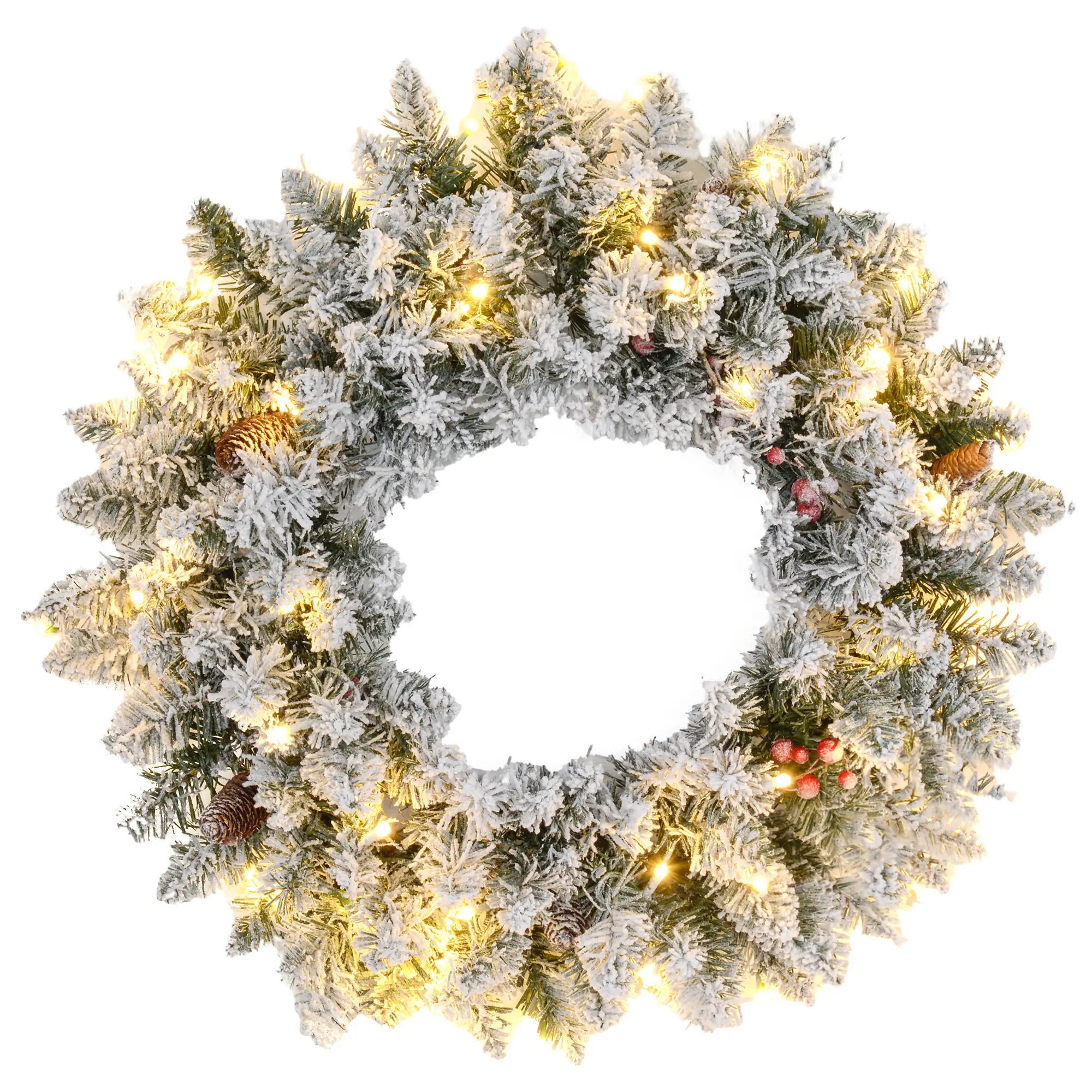 24" Flocked Christmas Wreath with Lights, Pine Cones, Berries, Green - Image 11