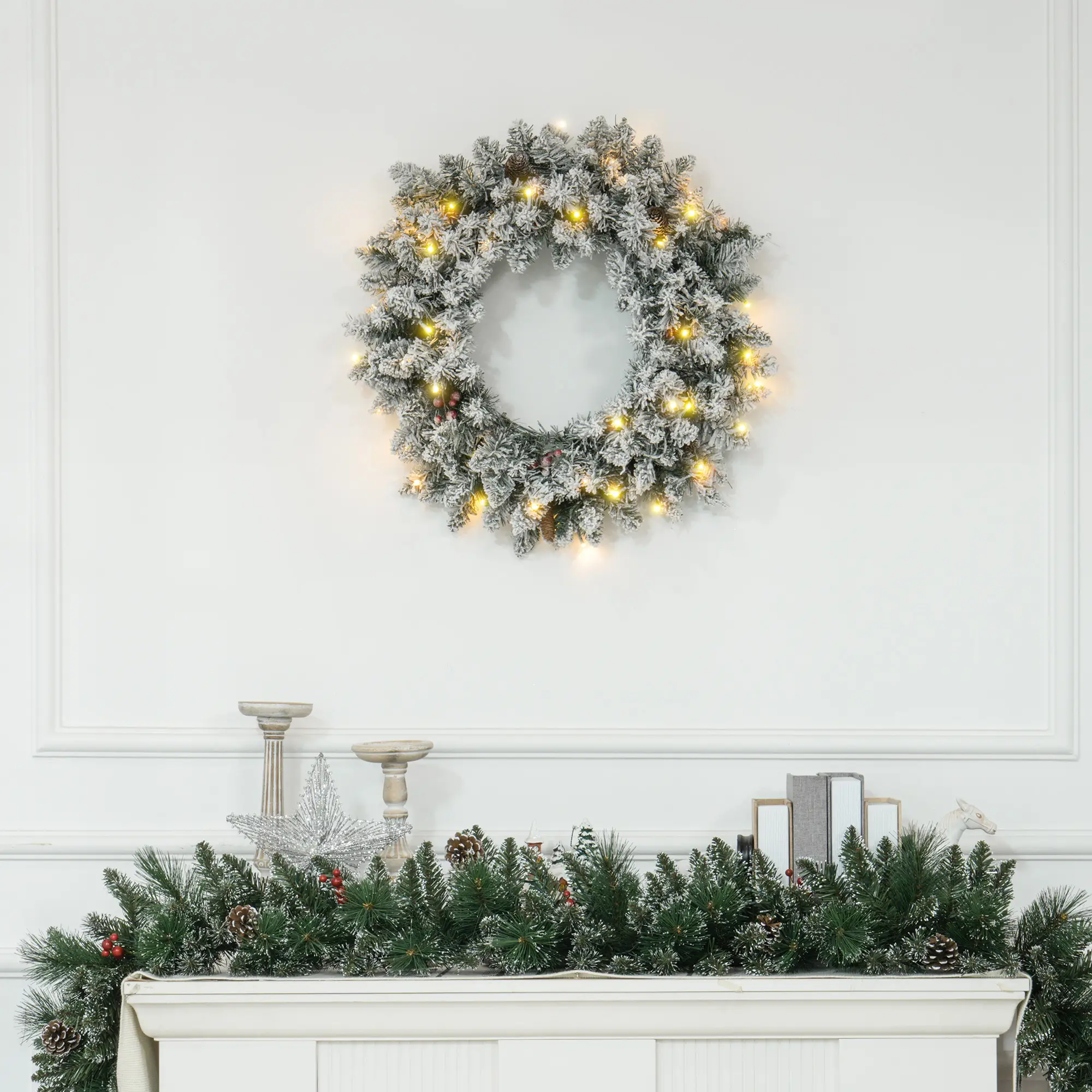 24" Flocked Christmas Wreath with Lights, Pine Cones, Berries, Green - Image 2