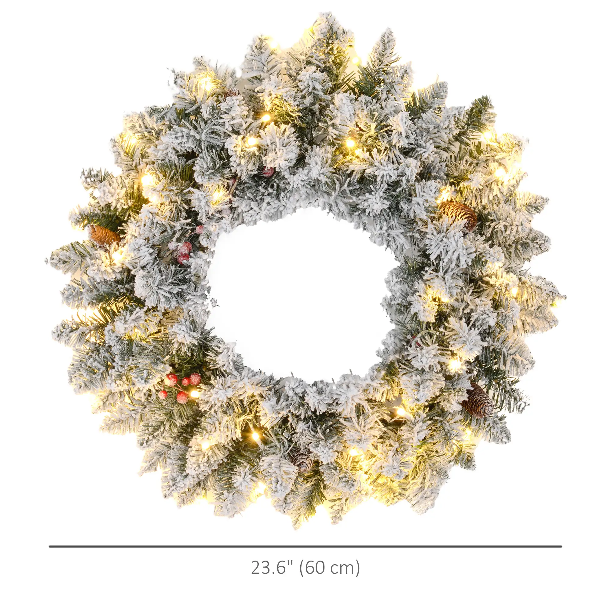 24" Flocked Christmas Wreath with Lights, Pine Cones, Berries, Green - Image 3