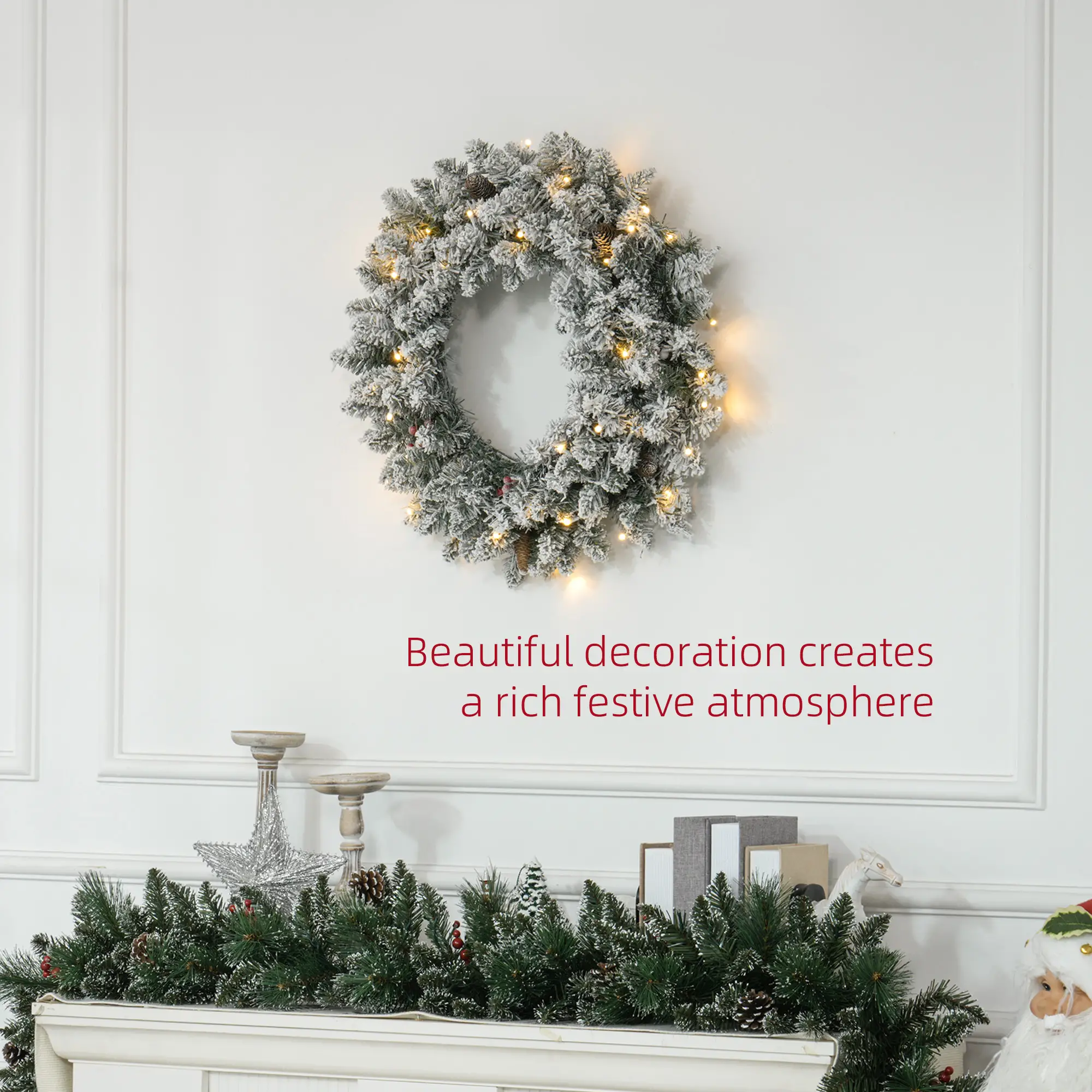 24" Flocked Christmas Wreath with Lights, Pine Cones, Berries, Green - Image 4