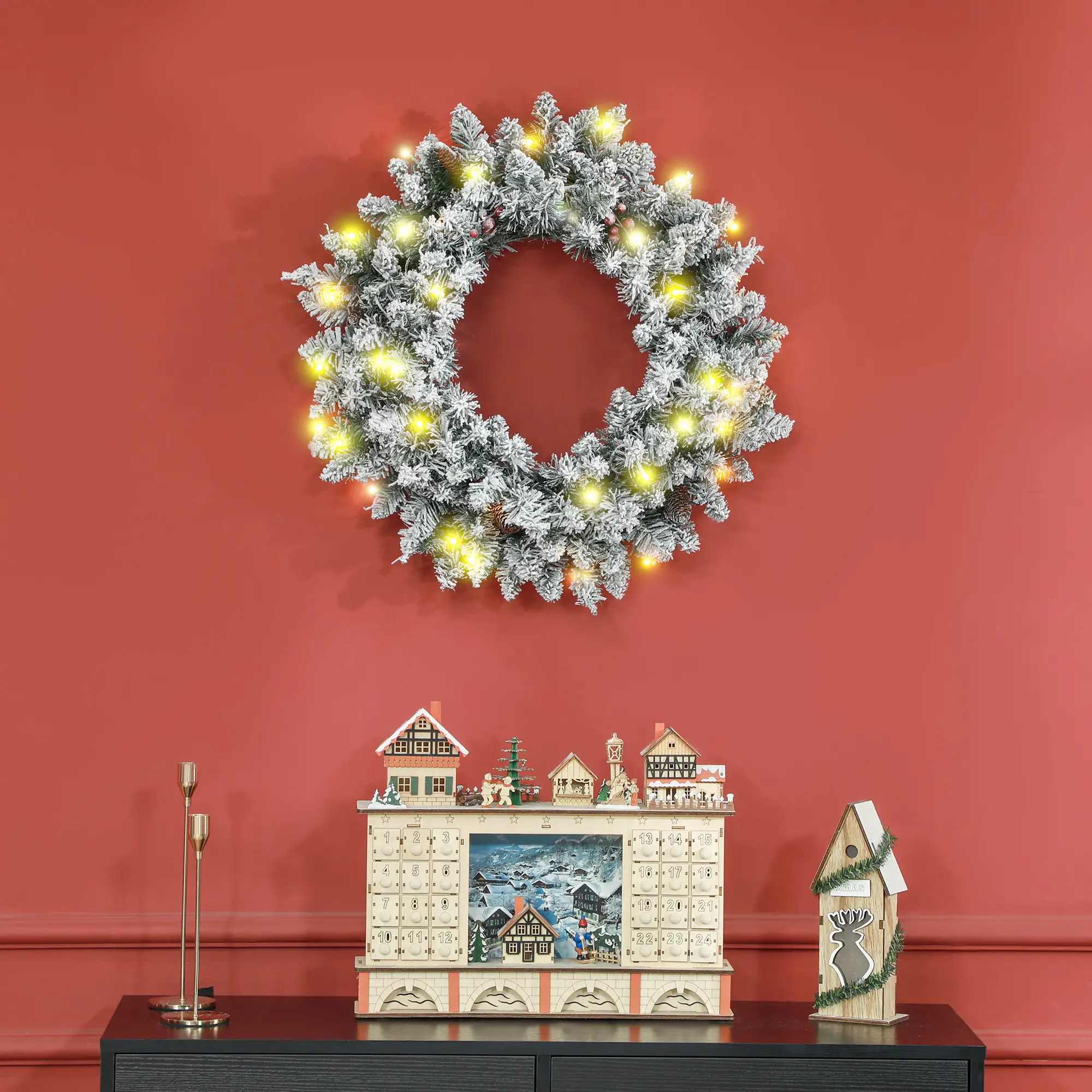 24" Flocked Christmas Wreath with Lights, Pine Cones, Berries, Green - Image 8