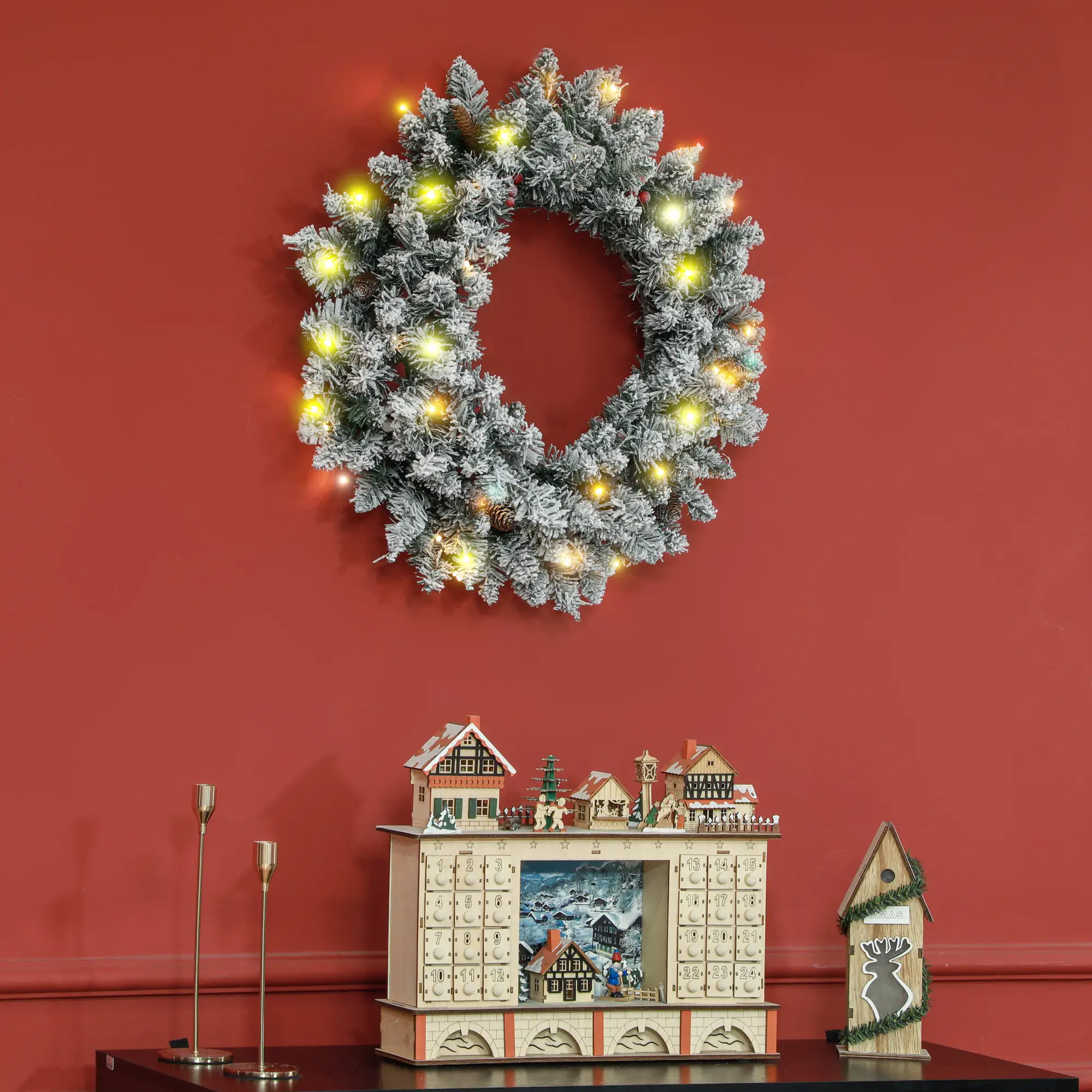 24" Flocked Christmas Wreath with Lights, Pine Cones, Berries, Green - Image 9