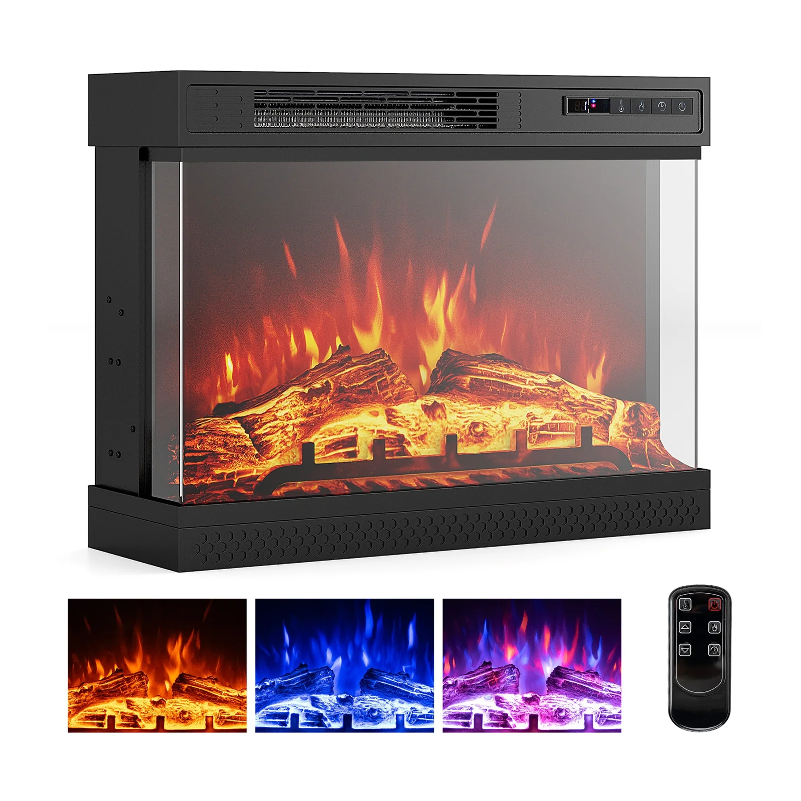 24 Inch 3-Sided Glass Electric Fireplace Heater, Remote Control, Black