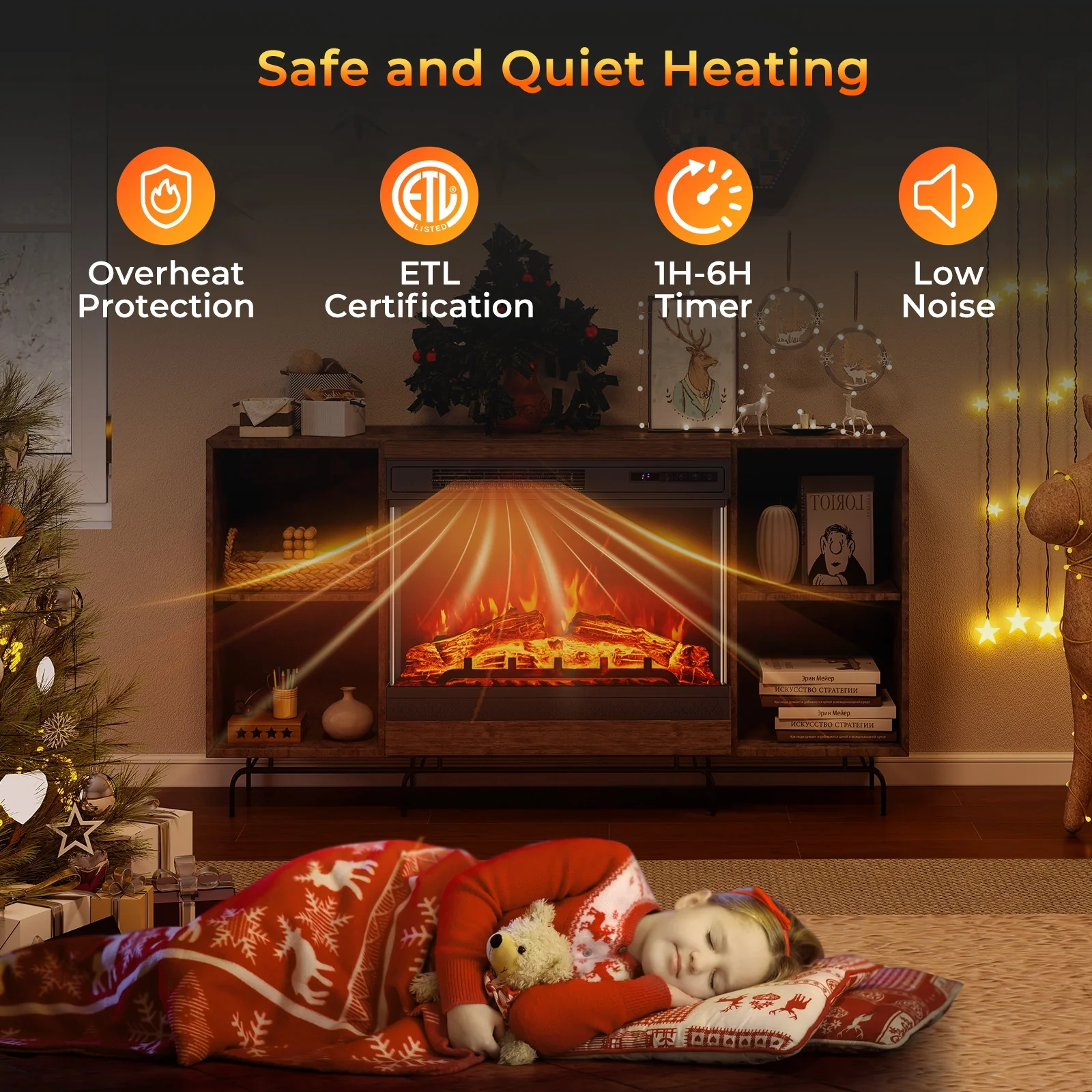 24 Inch 3-Sided Glass Electric Fireplace Heater, Remote Control, Black - Image 10