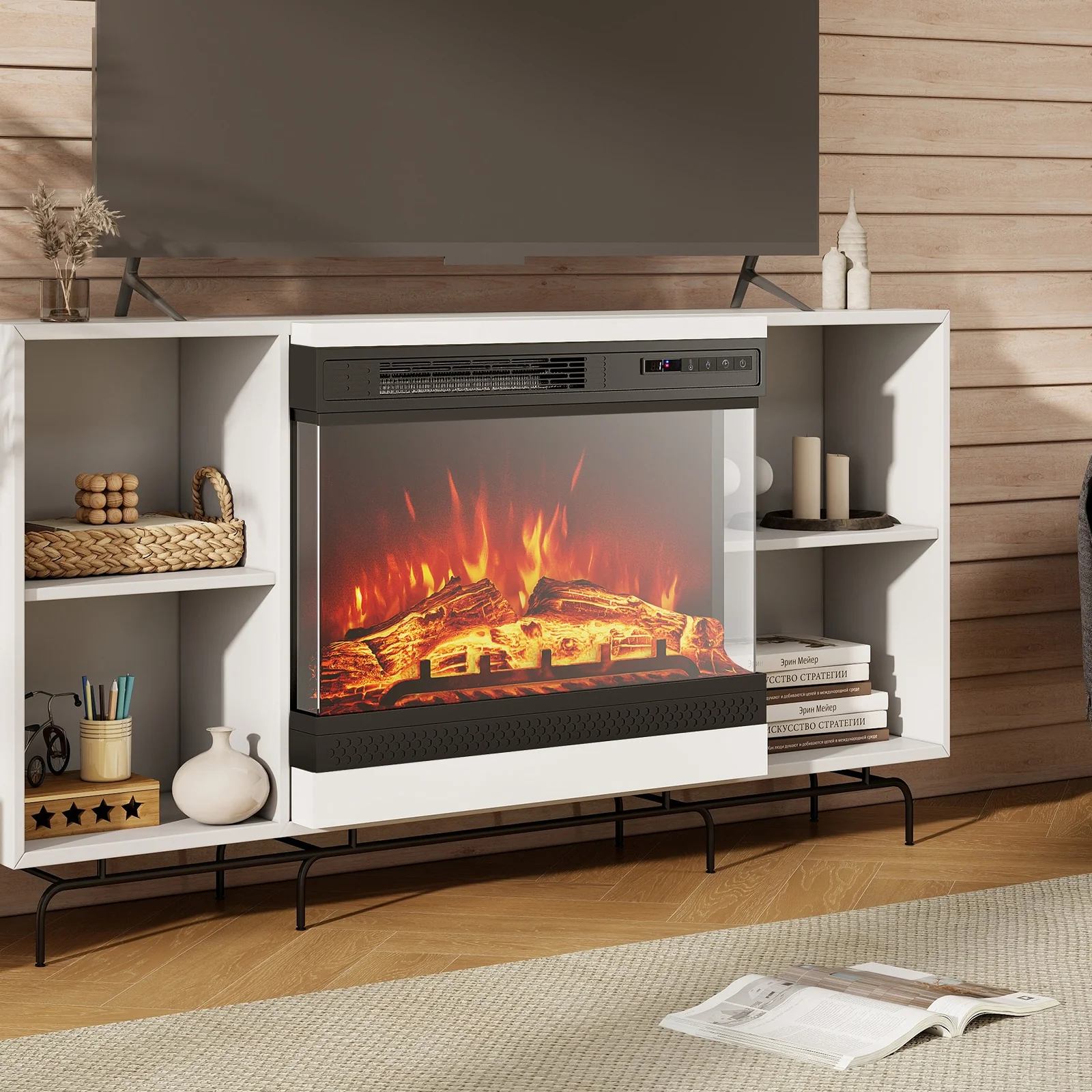 24 Inch 3-Sided Glass Electric Fireplace Heater, Remote Control, Black - Image 2
