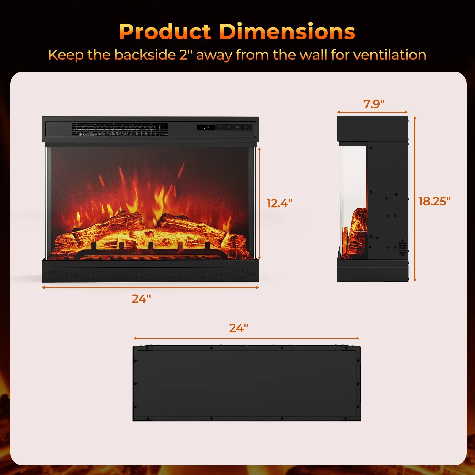 24 Inch 3-Sided Glass Electric Fireplace Heater, Remote Control, Black - Image 6
