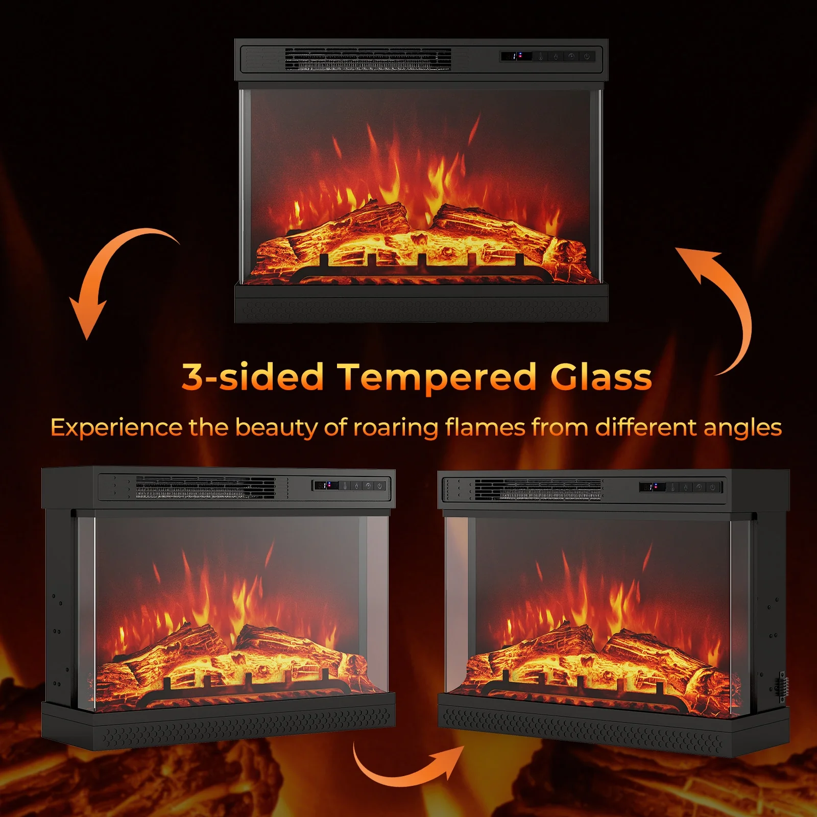 24 Inch 3-Sided Glass Electric Fireplace Heater, Remote Control, Black - Image 7