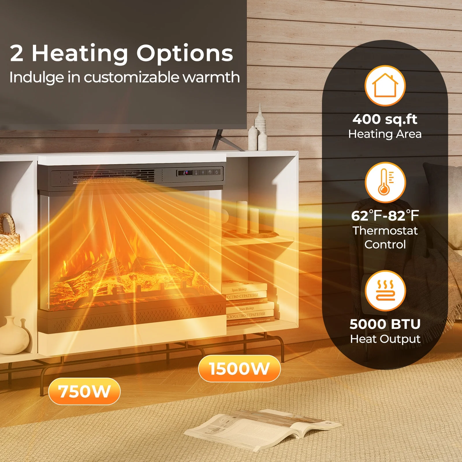24 Inch 3-Sided Glass Electric Fireplace Heater, Remote Control, Black - Image 8