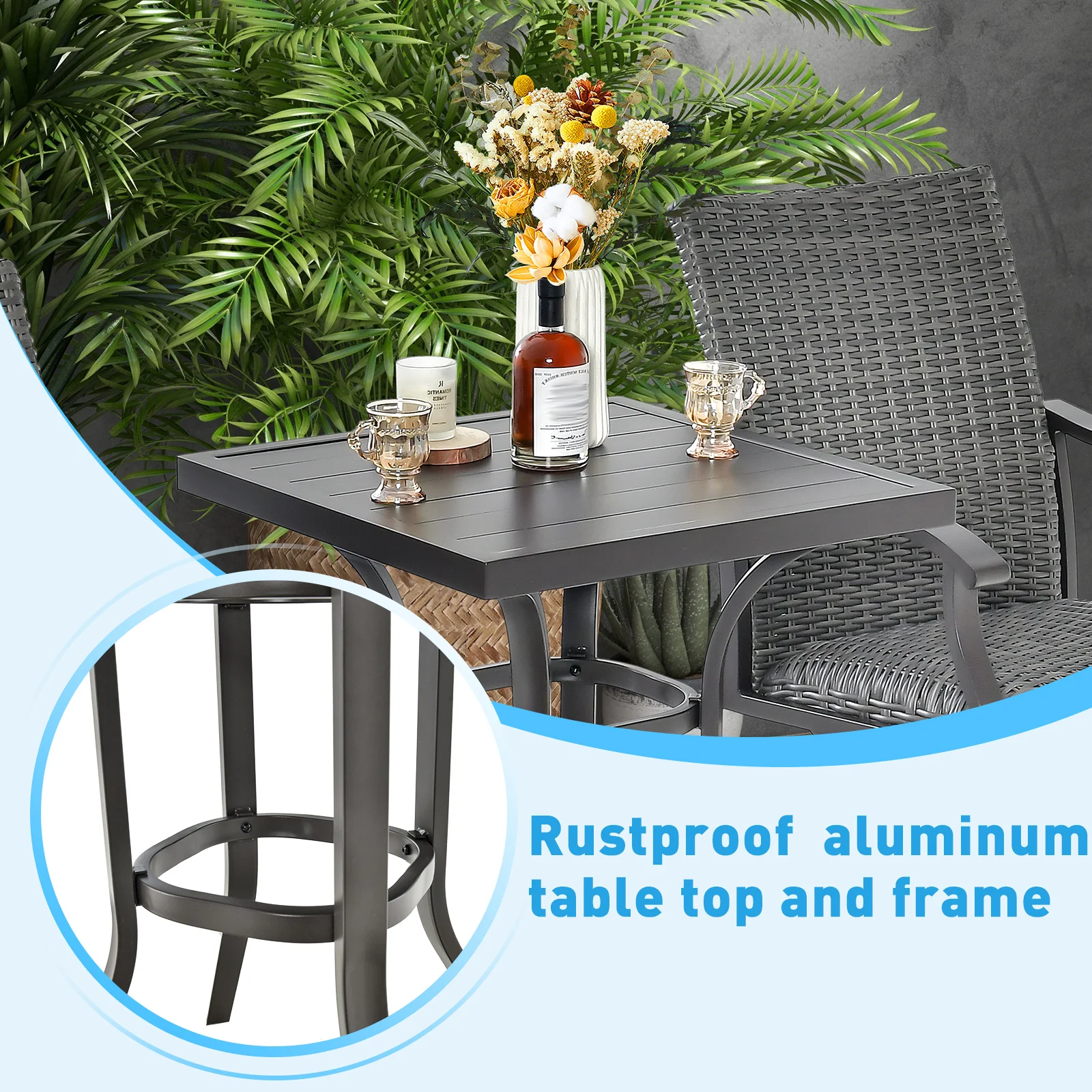 24 Inch Bar Height Table, Aluminum Tabletop, Adjustable Foot Pads, Black - Image 8