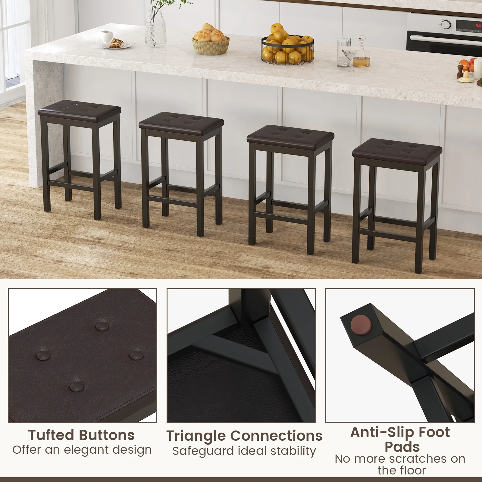 24 Inch Bar Stool, Padded Seat, Footrest, Rubber Wood Frame, Brown - Image 10