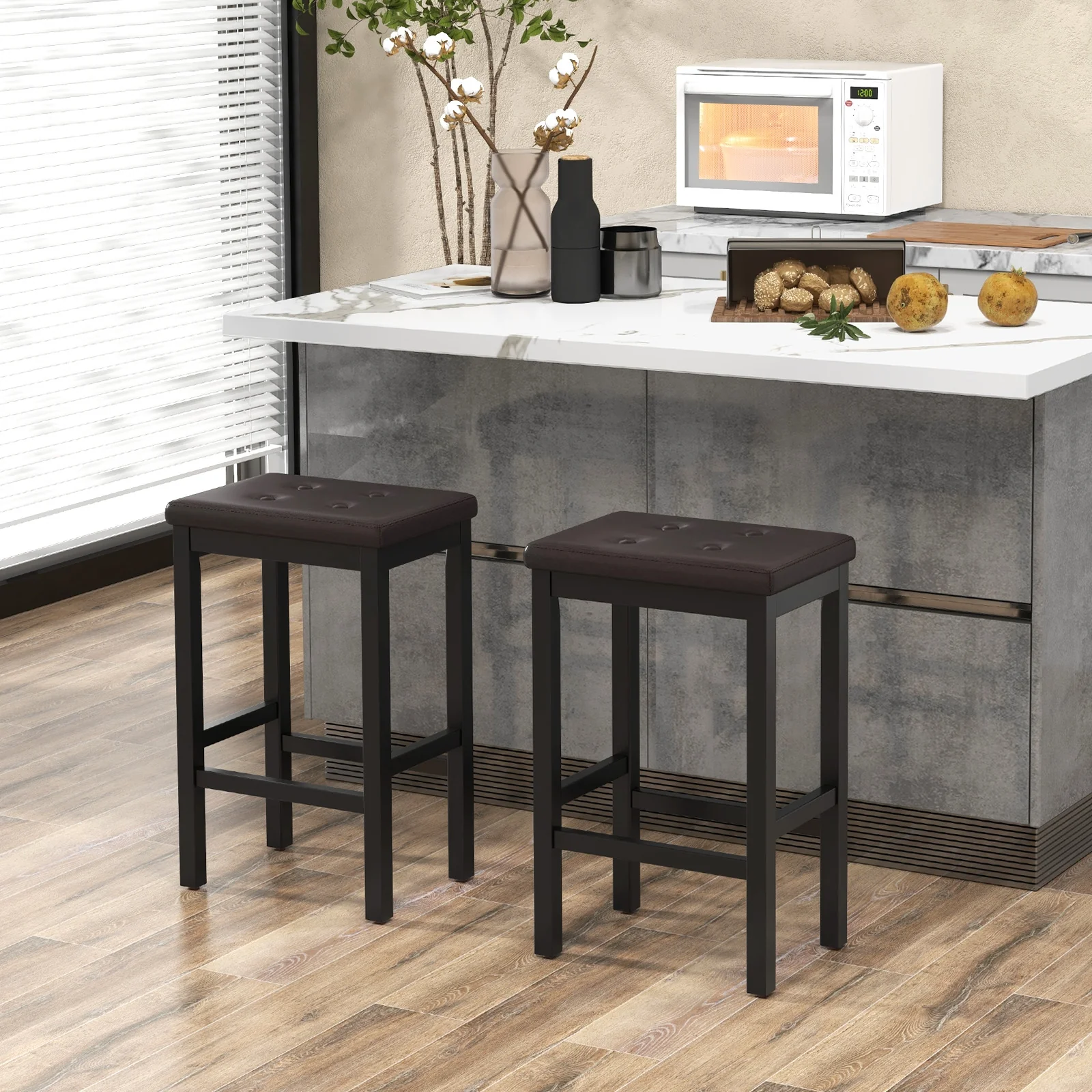 24 Inch Bar Stool, Padded Seat, Footrest, Rubber Wood Frame, Brown - Image 2