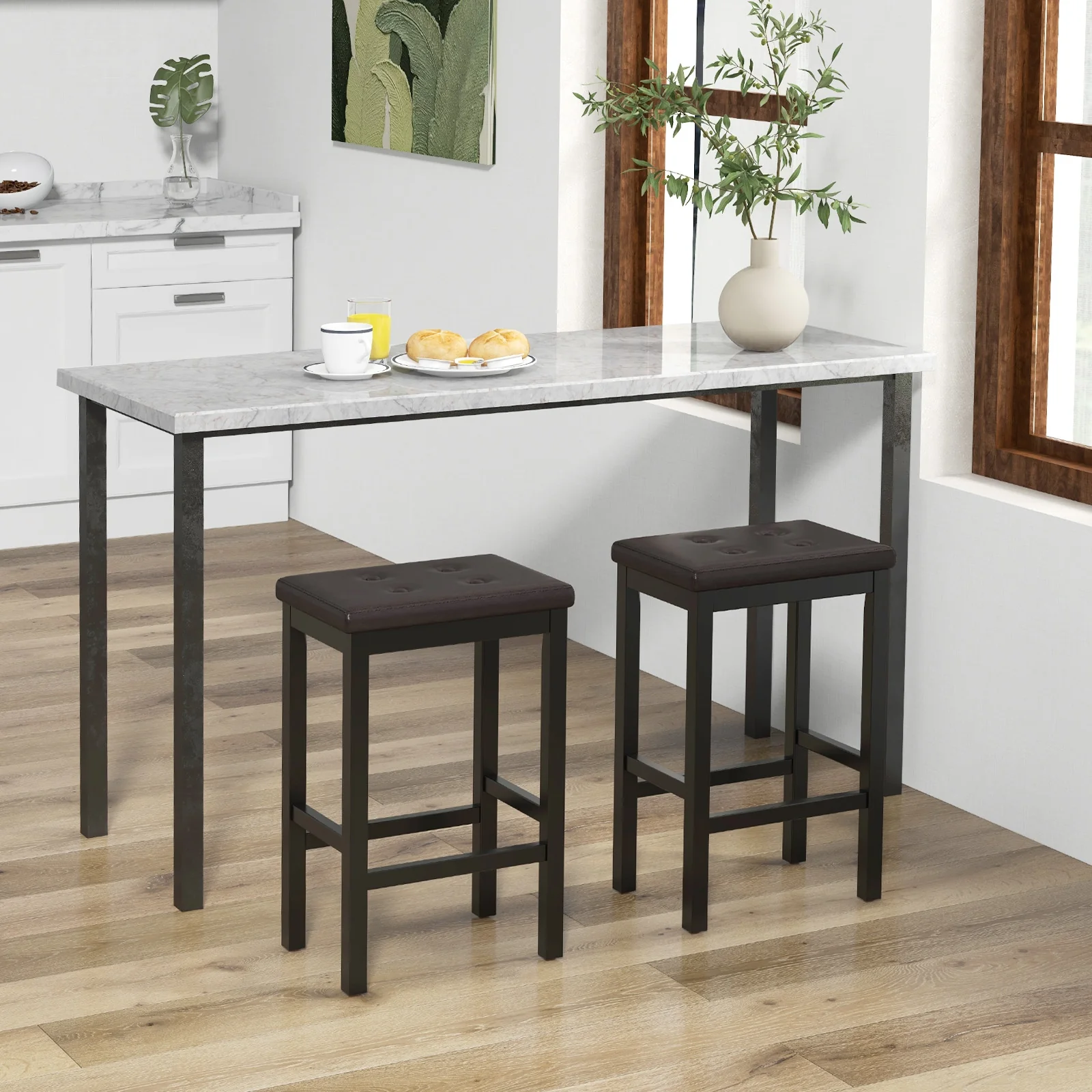 24 Inch Bar Stool, Padded Seat, Footrest, Rubber Wood Frame, Brown - Image 3