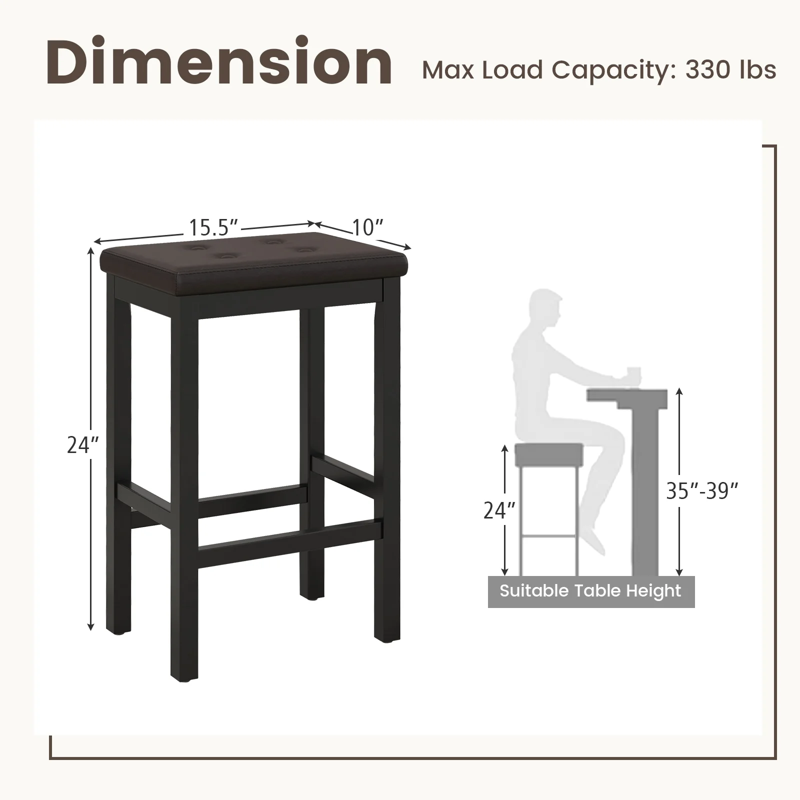24 Inch Bar Stool, Padded Seat, Footrest, Rubber Wood Frame, Brown - Image 5