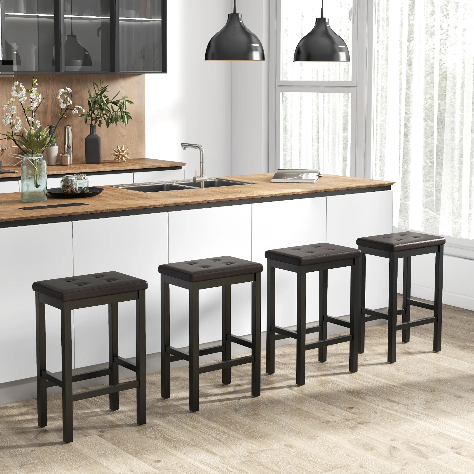 24 Inch Bar Stool, Padded Seat, Footrest, Rubber Wood Frame, Brown - Image 6