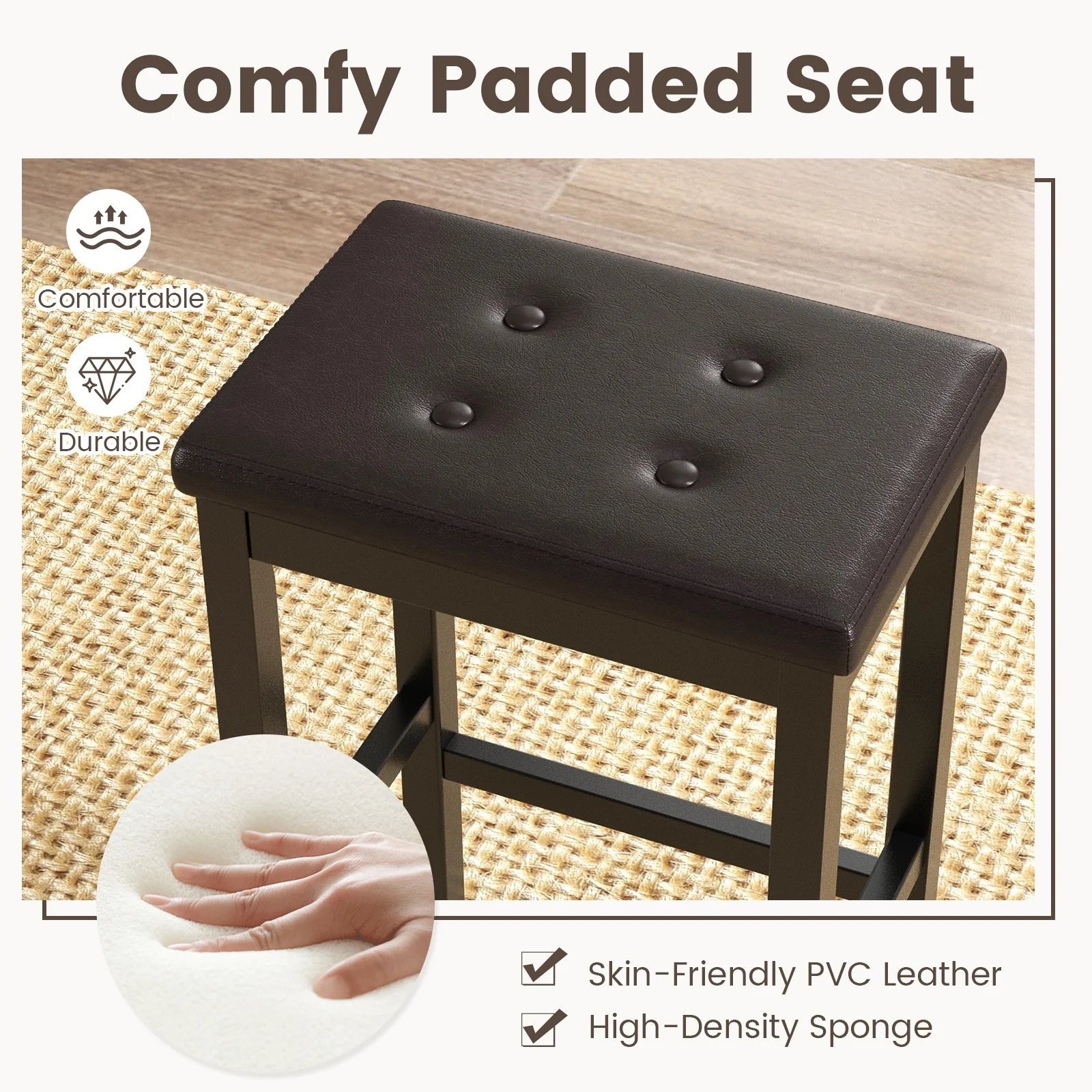 24 Inch Bar Stool, Padded Seat, Footrest, Rubber Wood Frame, Brown - Image 7