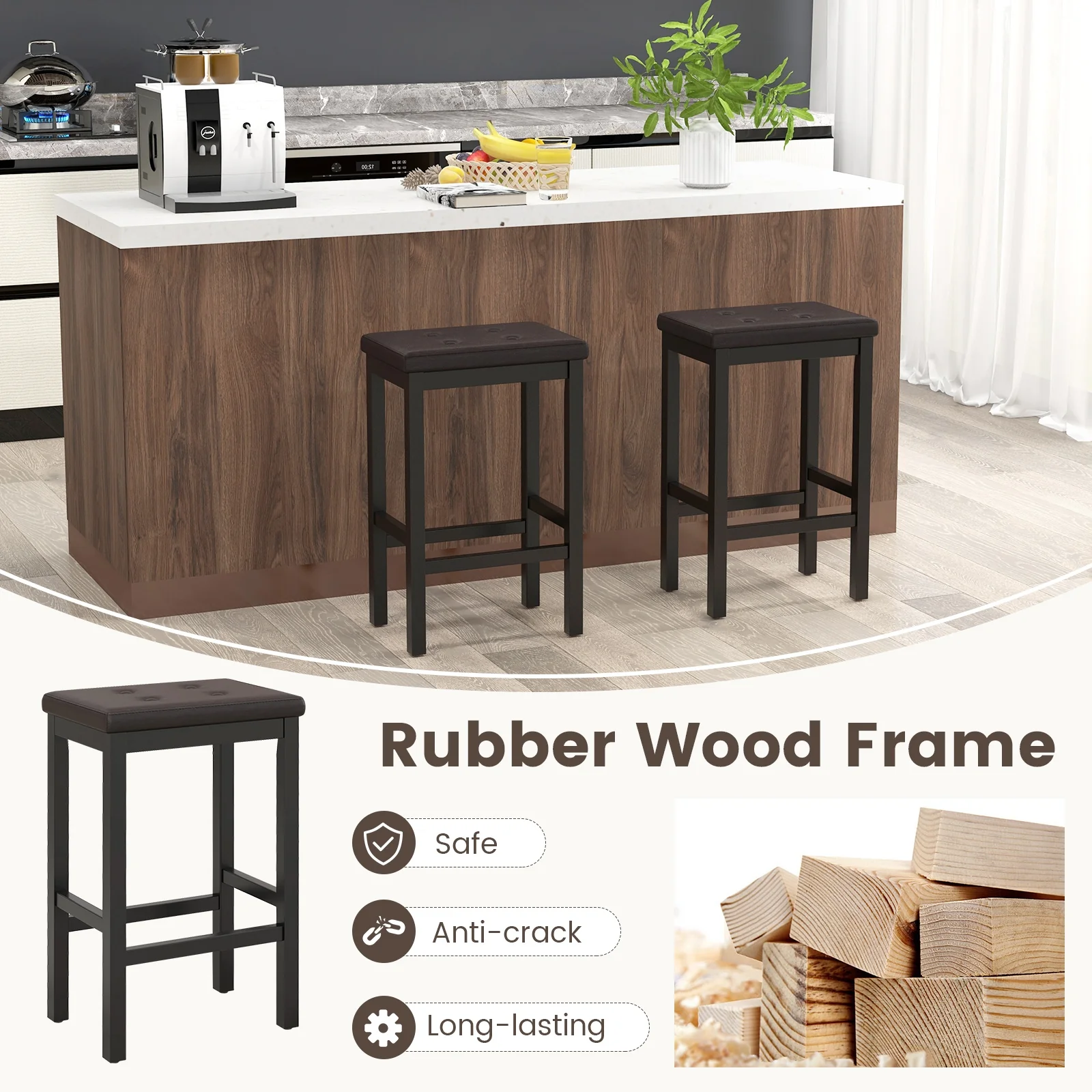 24 Inch Bar Stool, Padded Seat, Footrest, Rubber Wood Frame, Brown - Image 8