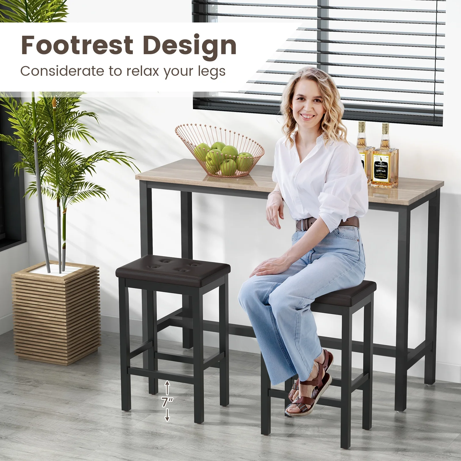 24 Inch Bar Stool, Padded Seat, Footrest, Rubber Wood Frame, Brown - Image 9