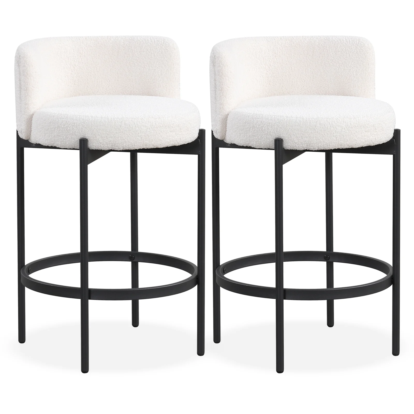 24 Inch Boucle Counter Stools, Set of 2, Curved Backrest, White