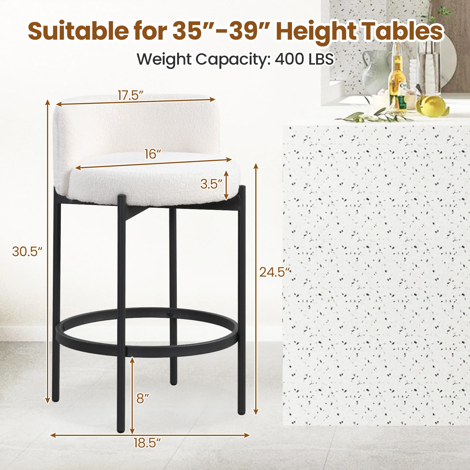 24 Inch Boucle Counter Stools, Set of 2, Curved Backrest, White - Image 4