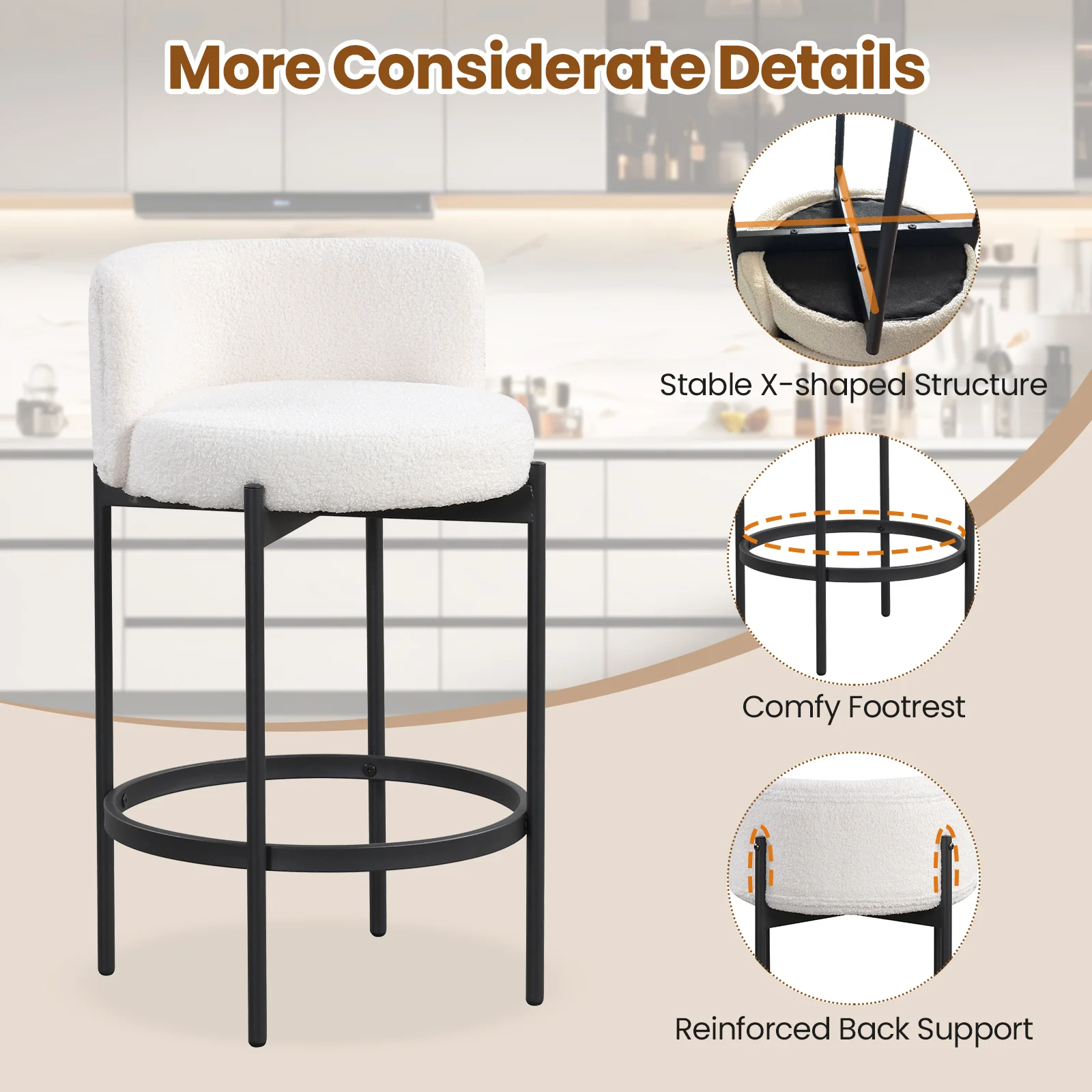 24 Inch Boucle Counter Stools, Set of 2, Curved Backrest, White - Image 8