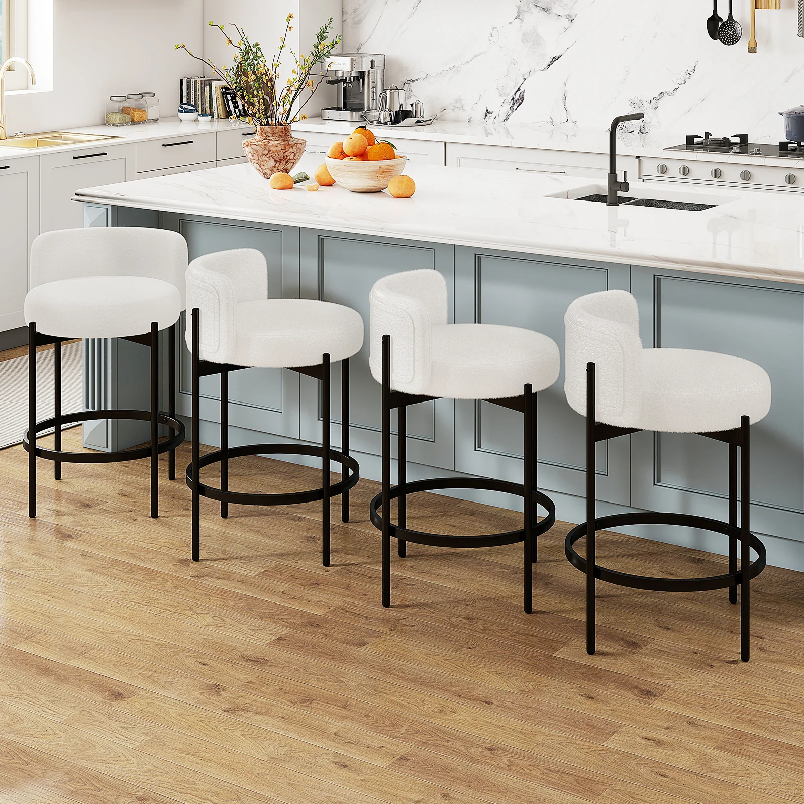 24 Inch Boucle Counter Stools, Set of 4, Curved Backrest, White - Image 3