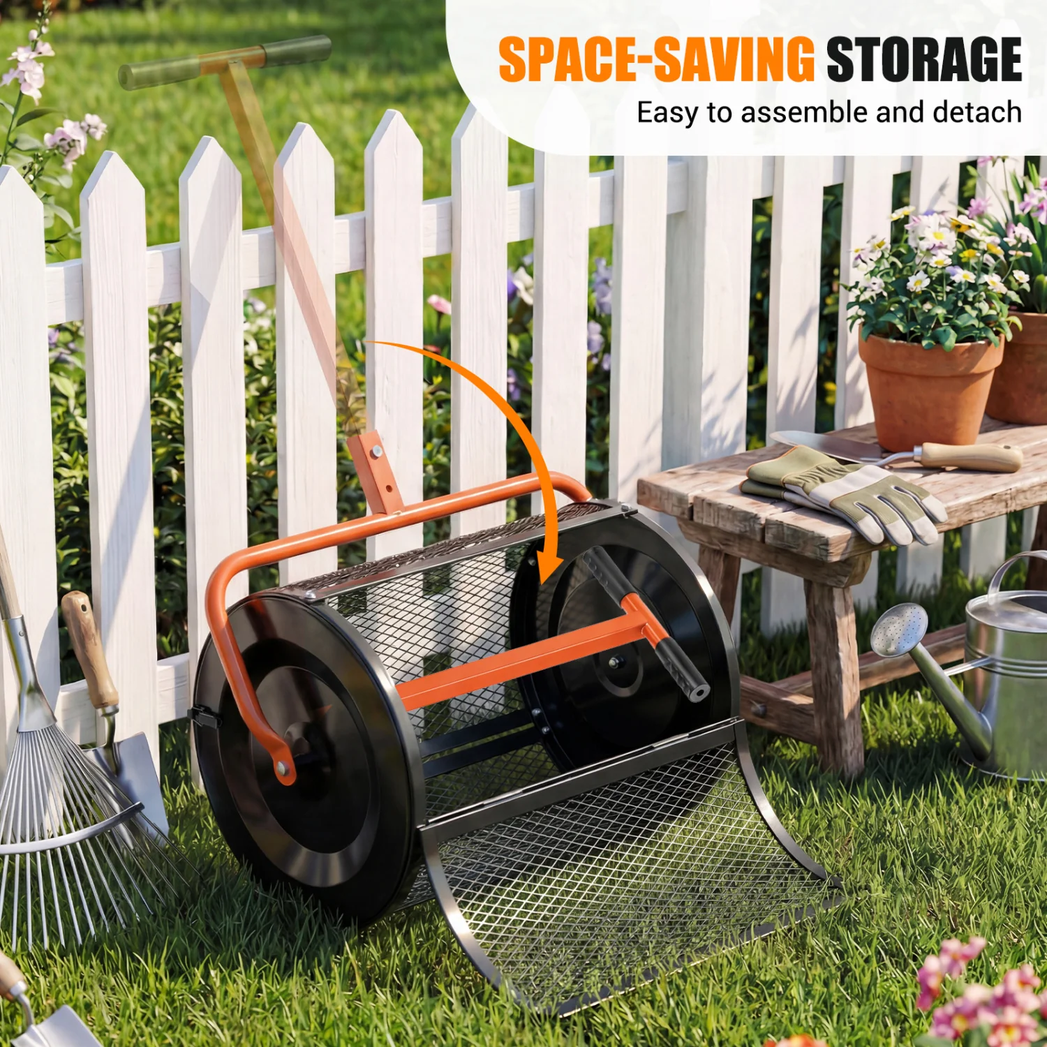 24 Inch Compost Spreader, Height Adjustable T Handle, Orange - Image 5
