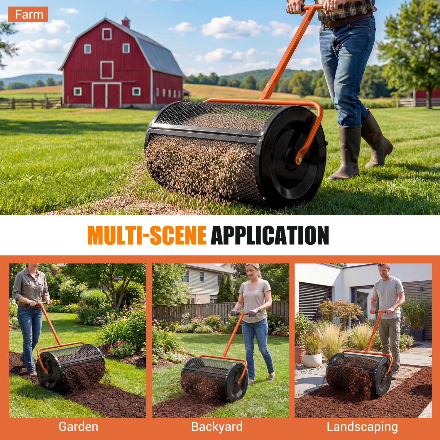 24 Inch Compost Spreader, Height Adjustable T Handle, Orange - Image 9