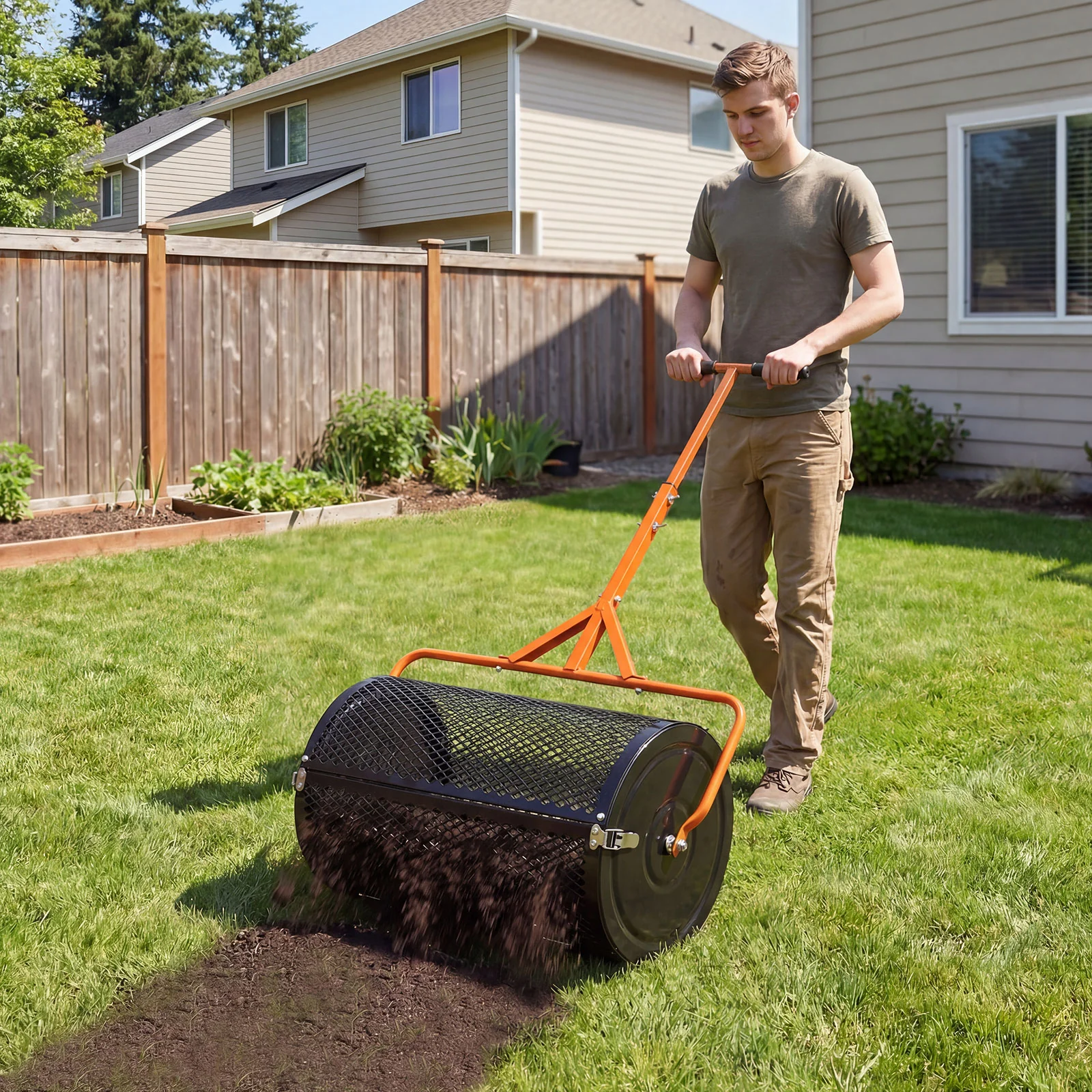 24 Inch Compost Spreader, Peat Moss Roller, Adjustable T-Handle, Orange - Image 2