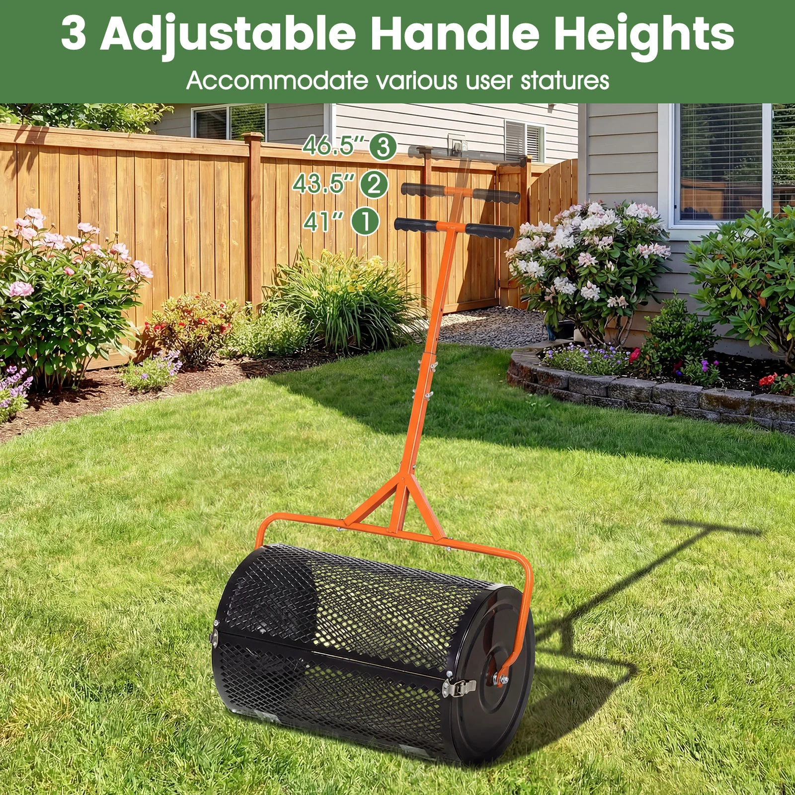 24 Inch Compost Spreader, Peat Moss Roller, Adjustable T-Handle, Orange - Image 6