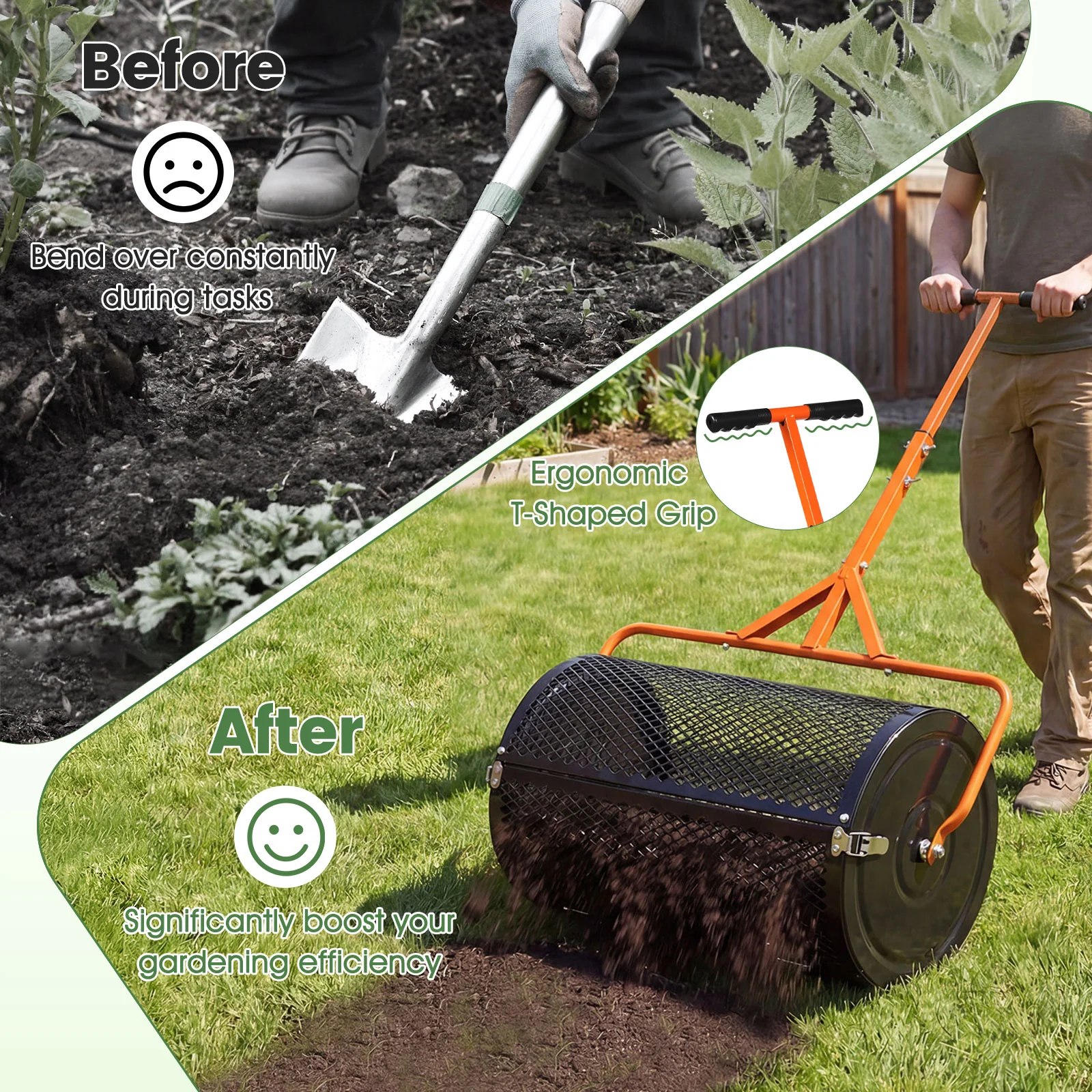 24 Inch Compost Spreader, Peat Moss Roller, Adjustable T-Handle, Orange - Image 7