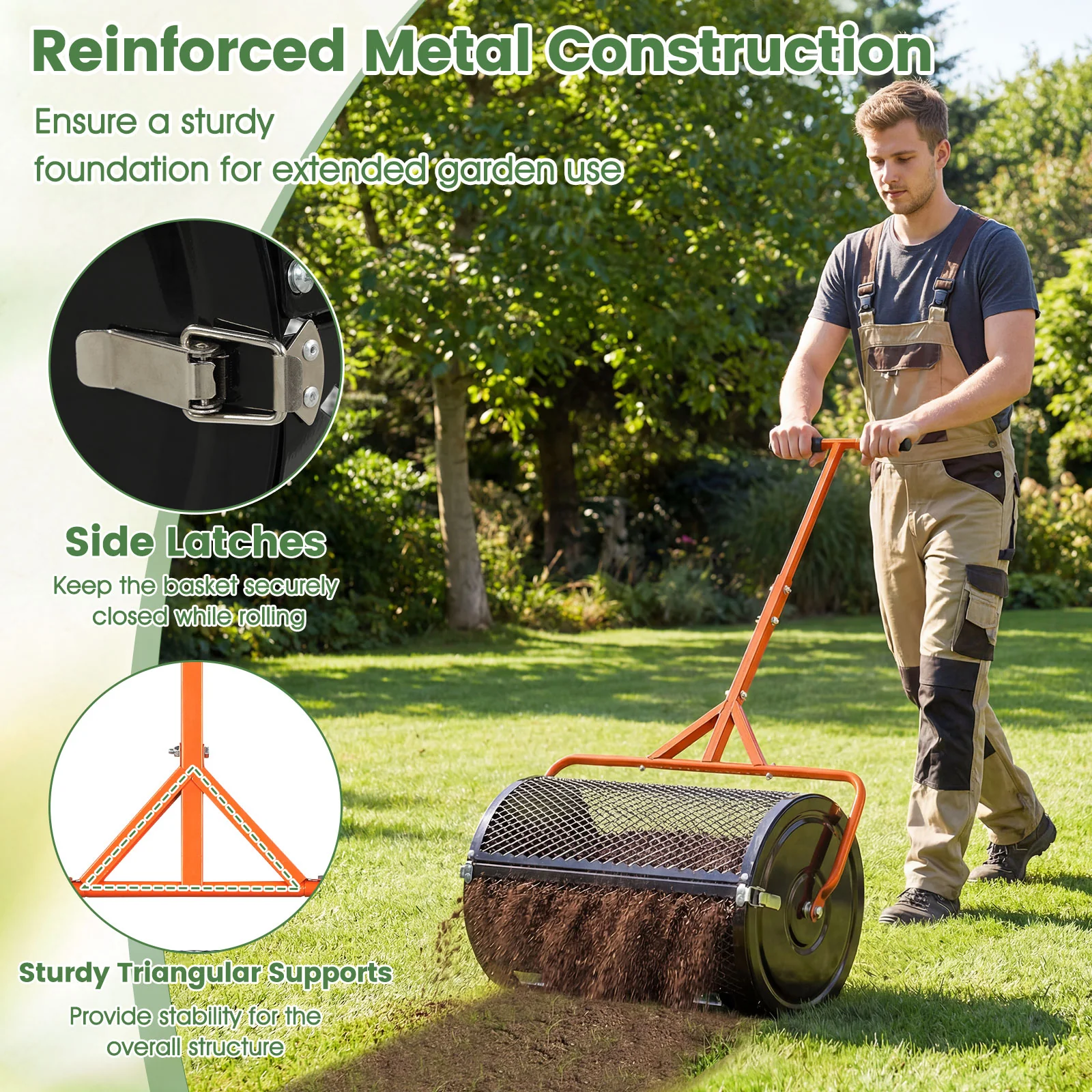 24 Inch Compost Spreader, Peat Moss Roller, Adjustable T-Handle, Orange - Image 8