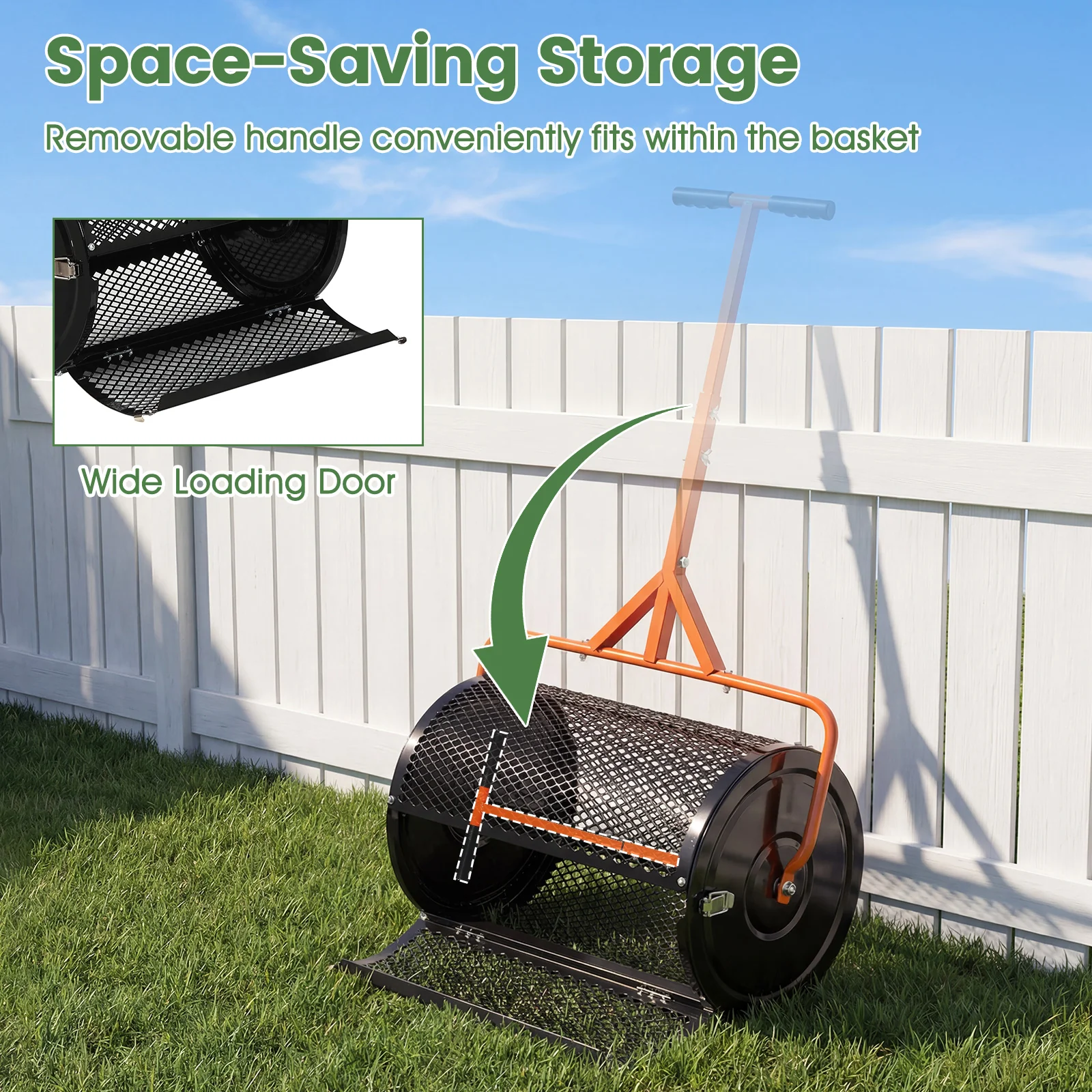 24 Inch Compost Spreader, Peat Moss Roller, Adjustable T-Handle, Orange - Image 9
