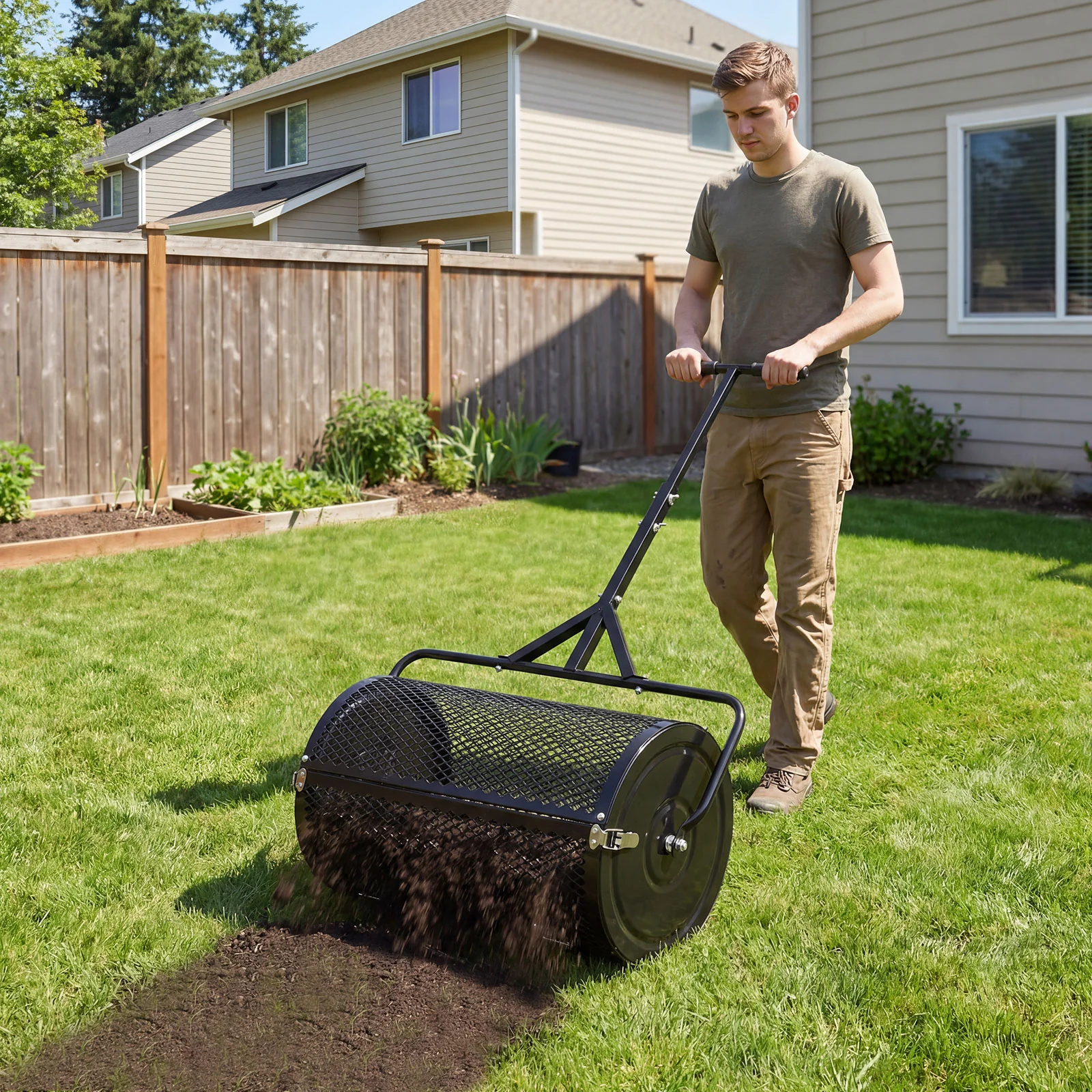 24 Inch Compost Spreader, Peat Moss Roller, Height-Adjustable Handle, Black - Image 2