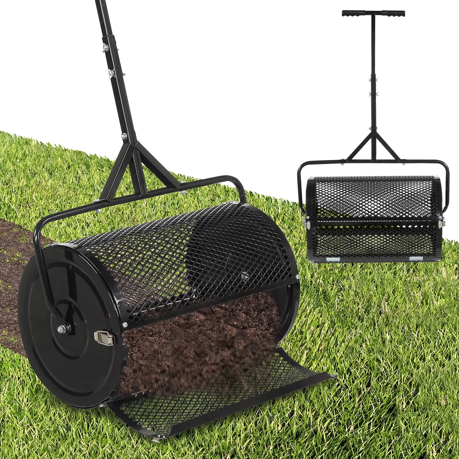 24 Inch Compost Spreader, Peat Moss Roller, Height-Adjustable Handle, Black - Image 3