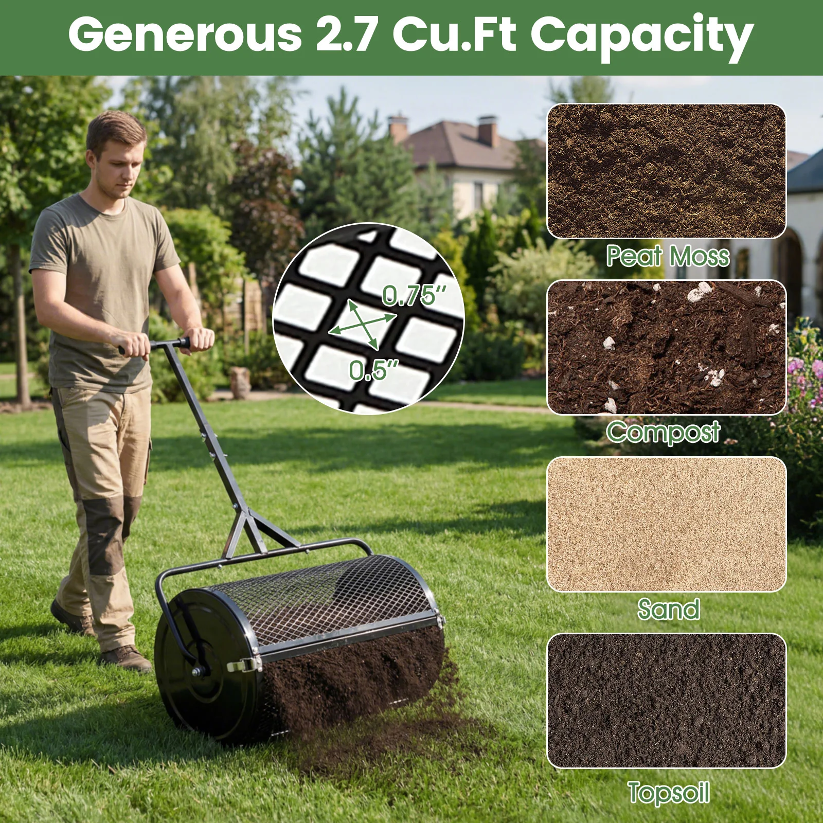 24 Inch Compost Spreader, Peat Moss Roller, Height-Adjustable Handle, Black - Image 5