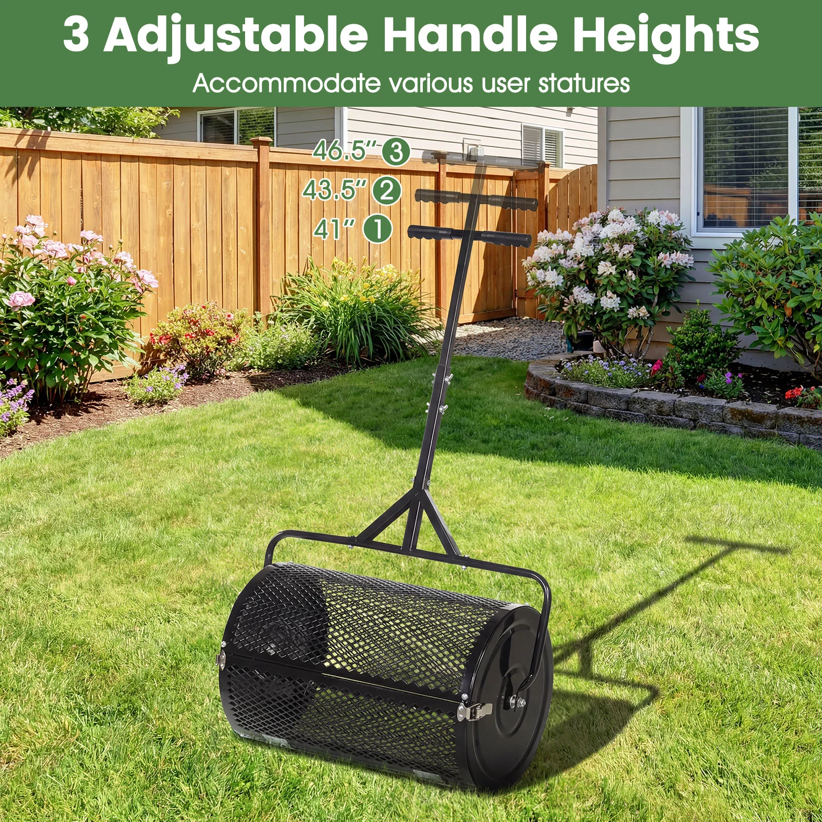 24 Inch Compost Spreader, Peat Moss Roller, Height-Adjustable Handle, Black - Image 6