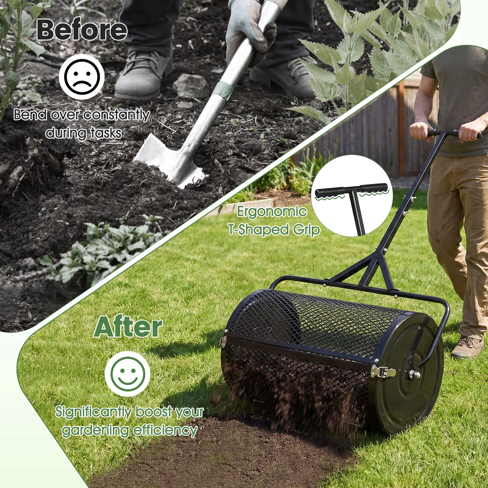 24 Inch Compost Spreader, Peat Moss Roller, Height-Adjustable Handle, Black - Image 7