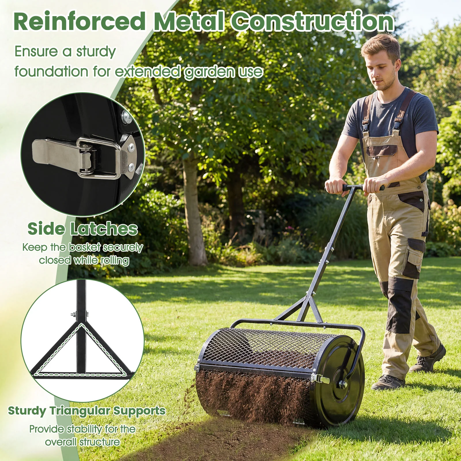 24 Inch Compost Spreader, Peat Moss Roller, Height-Adjustable Handle, Black - Image 8